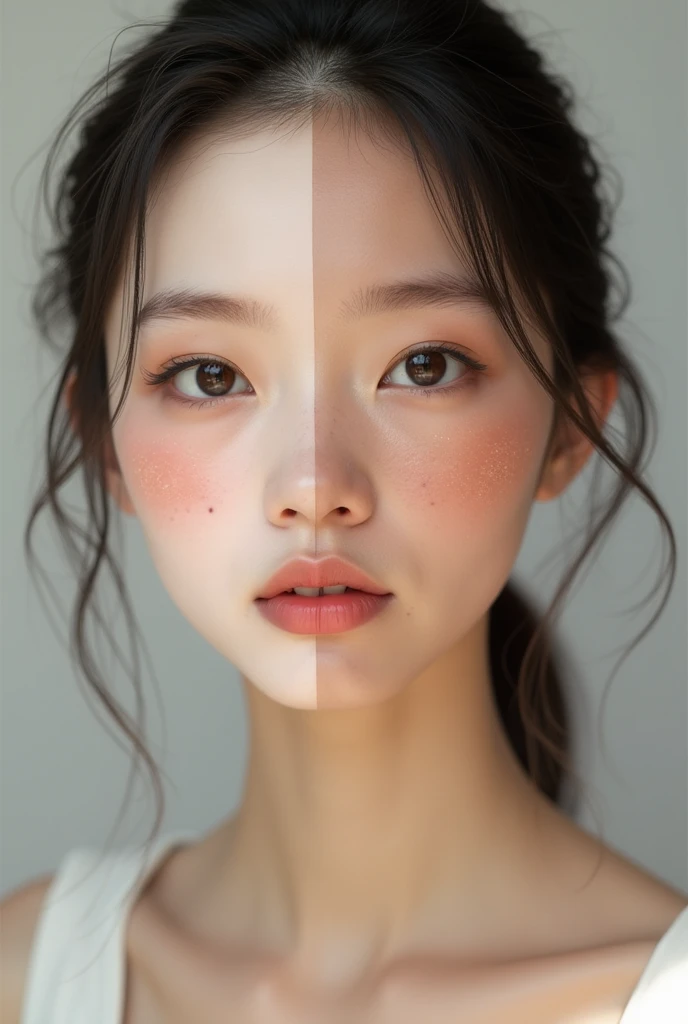 Teenagers with oval face, light skin, medium thick lips, good facial harmony, slanted but round eyes, pointed and straight nose, not so big, eyebrows not so pronounced, pink lips and chest-length brown hair