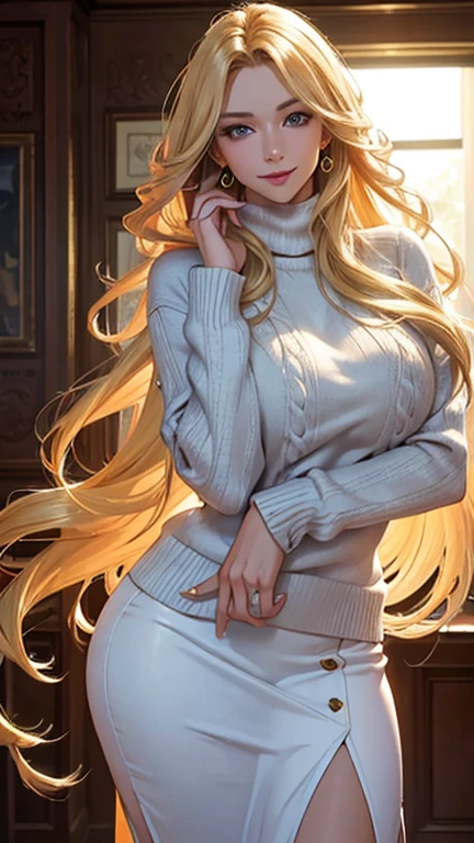 (Blonde stunning hair), (blue eyes), blue necklace, Golden earrings, Fit, Gorgeous Body, gorgeous, brown eyebrows, (two moles over lip), big pupils, (23 years old), 1girl,solo, complex skin, warm light, (large breasts), wide thighs, round butt, 5 fingers, ((blushing, smug face)), ((detailed face, best quality)), (masterpiece)), ((ultra-detailed)), (beautiful detailed eyes), red lip, eyeshadow, beautiful face, long hair, very detailed eyes, intricate details in eyes, perfect lips, good lighting, hot clothes, cleavage, (((wearing socks))), (((show white socks)))