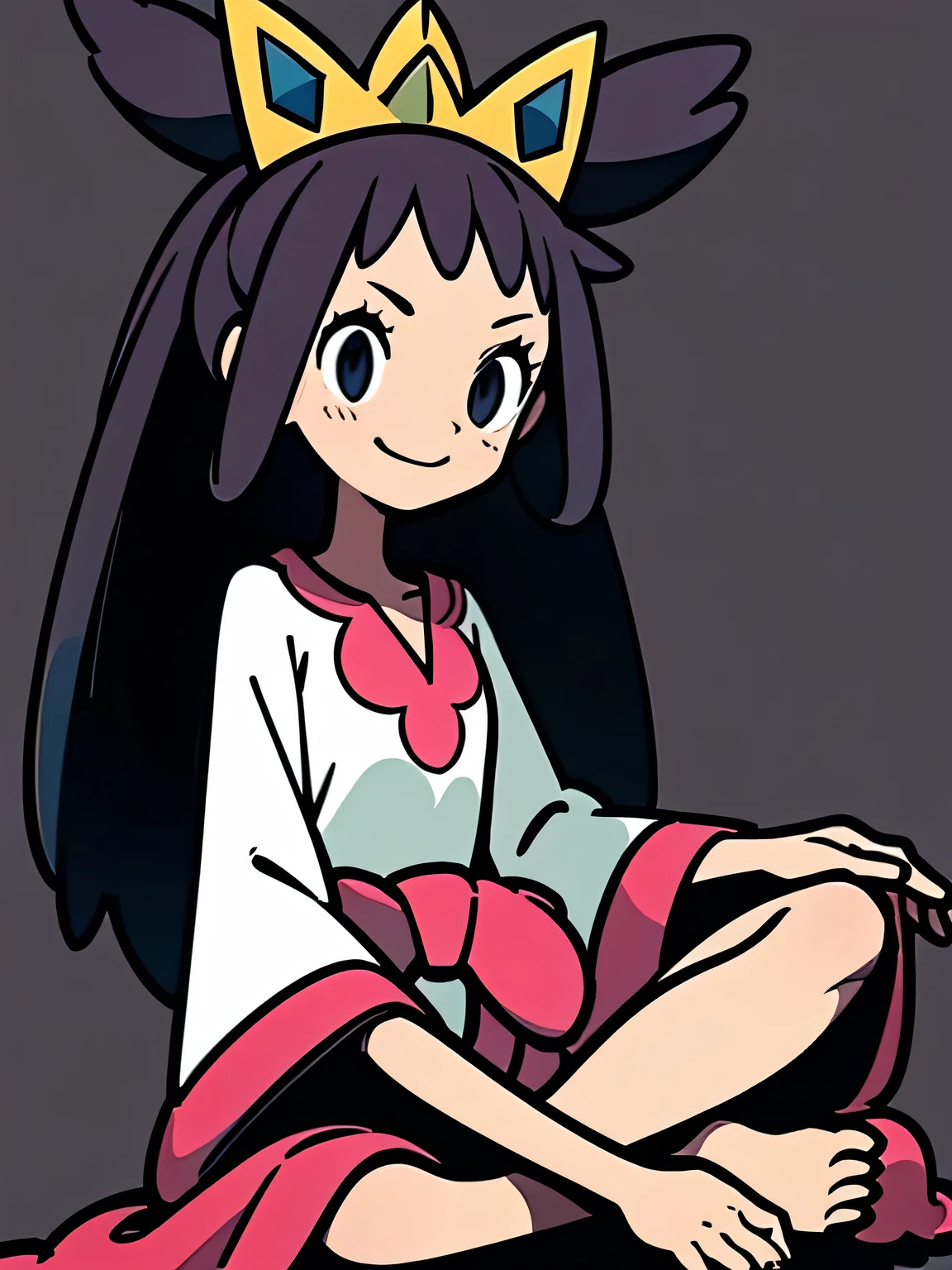dutch angle,sideview,(upperbody),cute face:1.3,  Iris, 1girl, solo, dress, tiara, wide sleeves, standing, very long hair, bow, low-tied long hair, waist bow, collarbone, shirt, closed mouth, smile, fullbody,(sitting indian style), white simple background,murakami takashi:1.3,kaleidoscope,outline,(illustration),