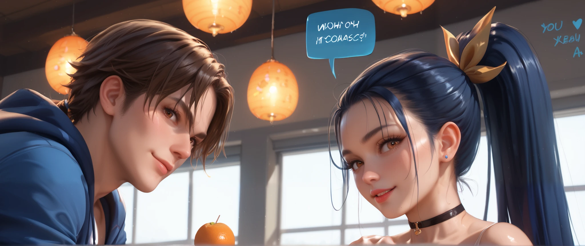 just talking , at a distance , chupachups in hand , conversation , Dialogue, friends , Looking at the camera , looking at the viewer, look into the camera, in clothes, girl with small breasts , two characters. man and girl, talks to a man against her, Better quality , pure quality , High quality , 4K, 8k, brown eyes, dark blue hair , hairstyle " ponytail ", girl with small breasts , brown eyes, The main character , long hair, smiles,