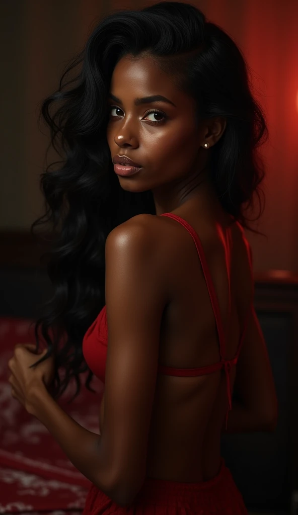  there is a black woman , the woman has curly black curly, she has brown skin, with dark brownish skin, with long curly, long black wet  bouncy curls  she is taking a long shot selfie in  sexy red lingerie