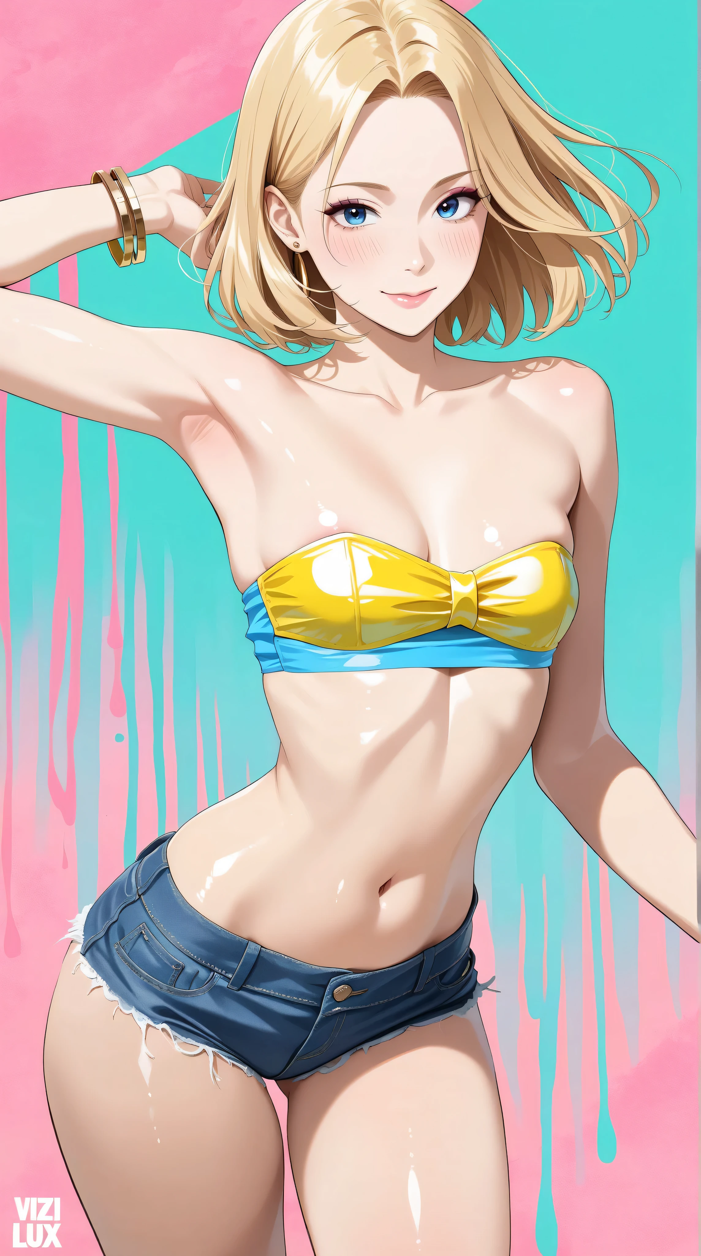 Wildlife, ((Best resolution)), ((high quality:1.2)), Work of art, 8k, extremely detailed, ((High detail:1.2)), (HotLexi woman), Solo, 24 year old Gyaru Japanese female, (mini-shorts, crop strapless), (beautiful perfect face:1.23), Kizi，(eyes looking off to side), Highly detailed, Amazing work，Vitreous luster, blues, yellows, Best quality at best，shiny skin, no background, colorful background, green background, pink background, gold, background, plunging neckline, sexy pose, dynamic pose, heavy blushing, small breasts, 