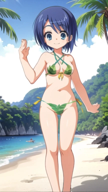 masterpiece, best quality,ung_teerl,naked,water, sandals, hat, black hair, hair bobbles, river, short hair, dappled sunlight, hairband, smile, outdoors, straw hat, stream, open mouth, nature, rock, wading, sunlight, long hair, twintails, polka dot,navel,flat_chest,covered_pussy,
