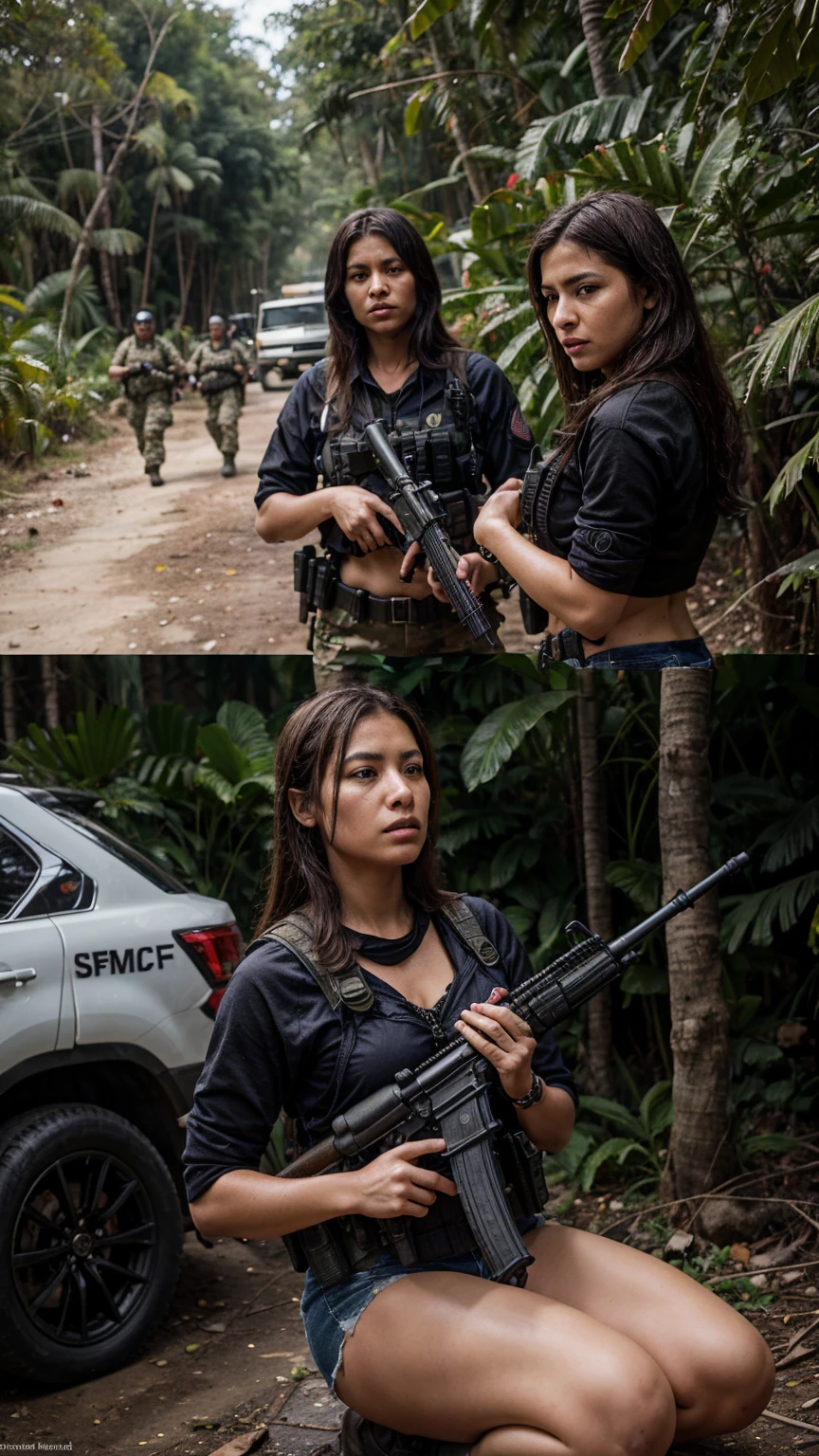 Linda mulher, ruiva corpo lindo,(black tight pants with pistol holster, and ballistic vest, blusa apertada manga curta, sapato, closed tennis style, preto, cabelo amarrado, with black cap and sunglasses, swamp jungle background scene, ao entardecer.