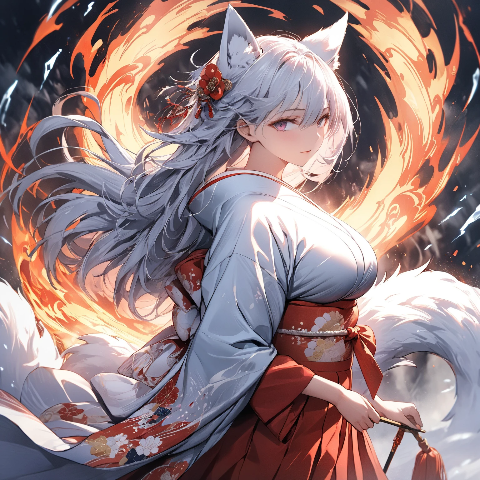 ((((masterpiece)))), ((((Best Quality)))), ,  ,action,High resolution,whole body,fine grain,,Detailed face, Kitsune Girl,Wearing a kimono,hakama,Beautiful Skin、Beautiful and sophisticated eyes、big breasts,,,thunder,ice,fire,