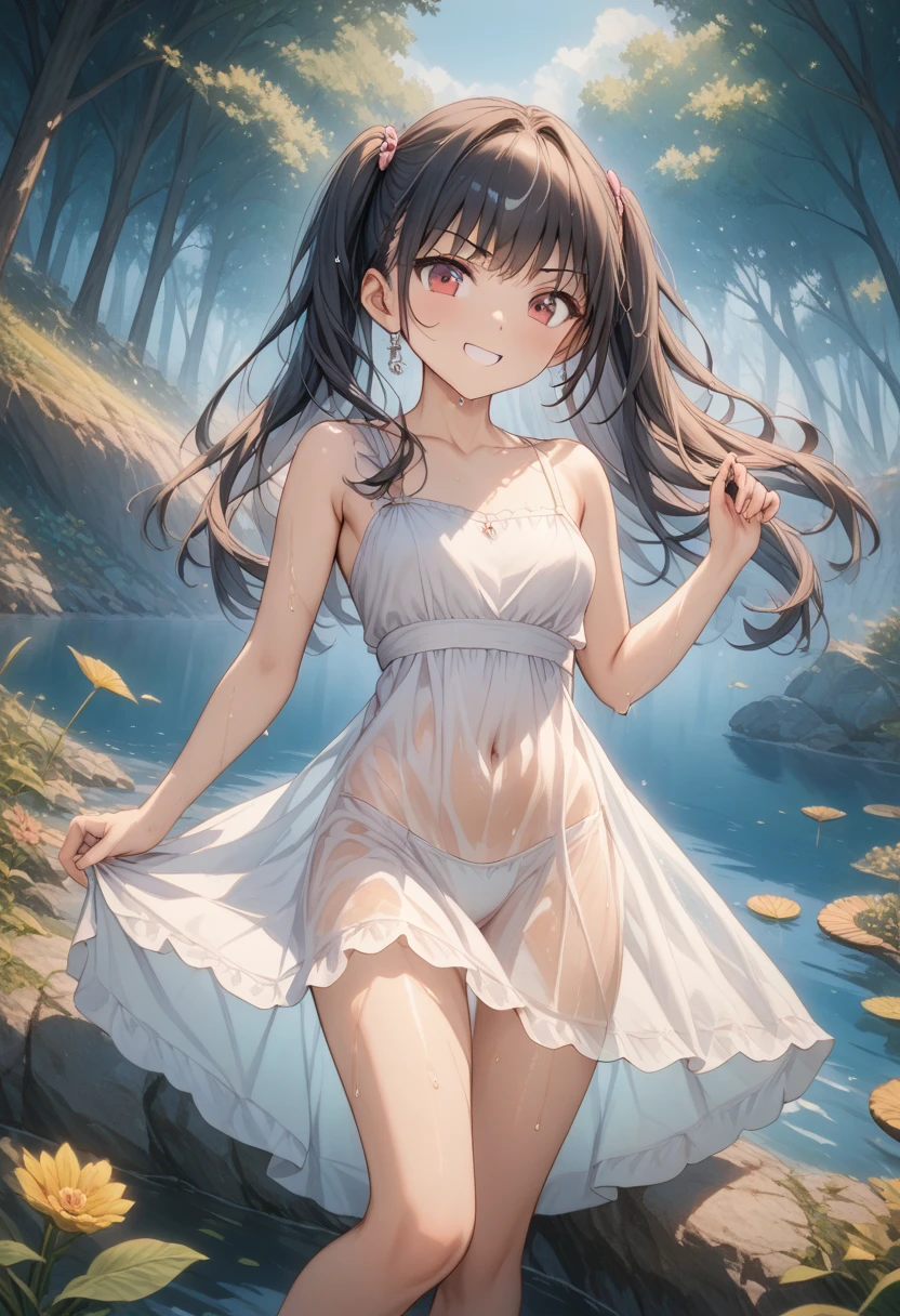 (​masterpiece)、(top-quality)、(ultra-detailliert)、 beautiful girl、Goddess bathing、silber hair、Crims、Thin white lace underwear with small area、Shoulders exposed、Cleavage emphasis、Thigh exposure、Springs in the forest、Wet and see-through、Composition looking up from below、Open legs