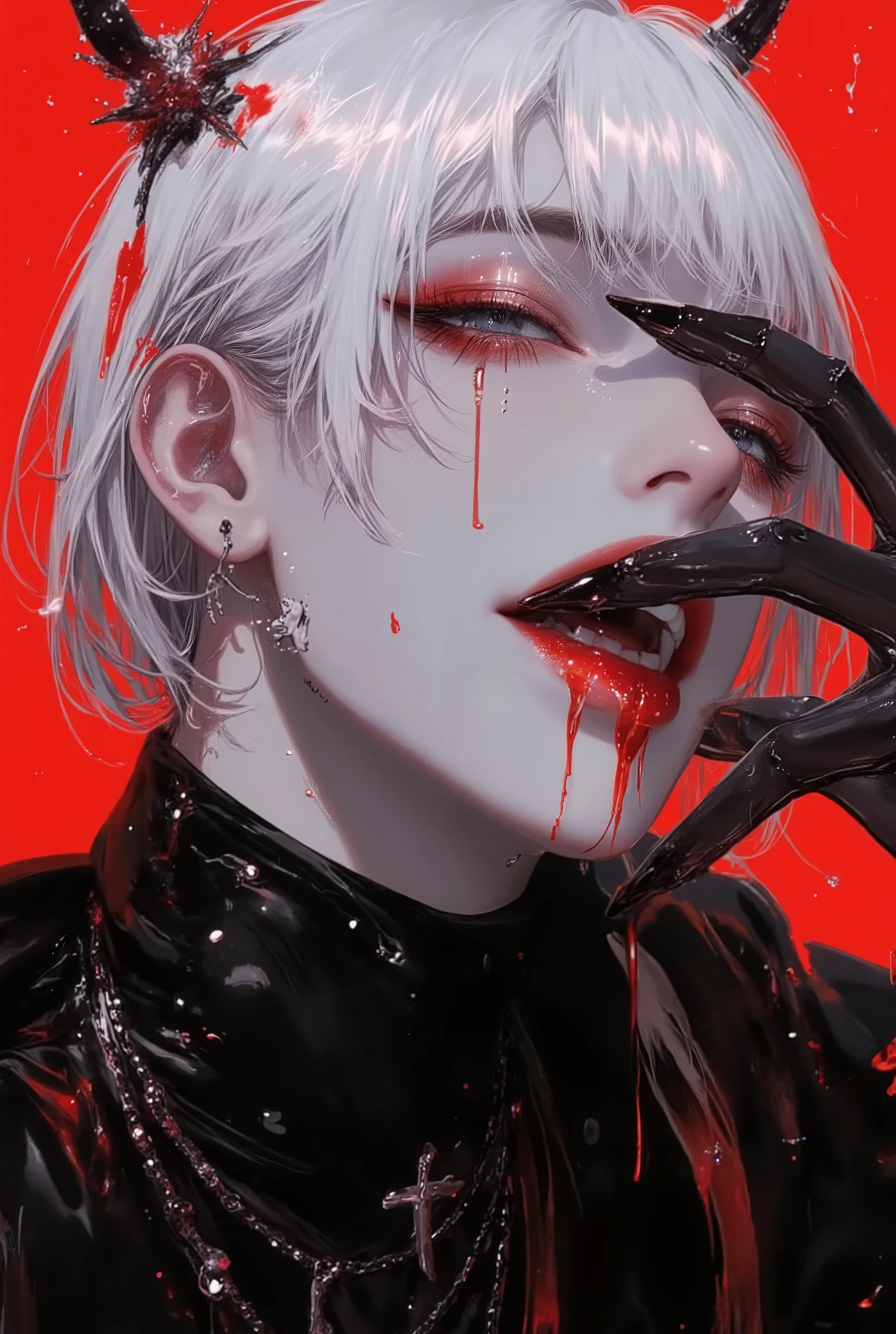 Vampire, absurdres, highres, ultra detailed, HDR, master piece, best quality, extremely detailed face, delicated features, Jaehwan , White hair, very short hair, no fringe, without bangs, handsome hair, cool eyes, The World After The Fall, Alone, Sensual, Young face, black and red Vampire style, cold, Transparent, black, Boyfriend, Pierce, earring, Vampire boy, Draw a large background, anime,  Vampire model, fang, Scary Halloween background, Draw a large background, 4K, High image quality, Vampire pose, Blood dripping from the mouth, Vampire makeup, Upper body photography