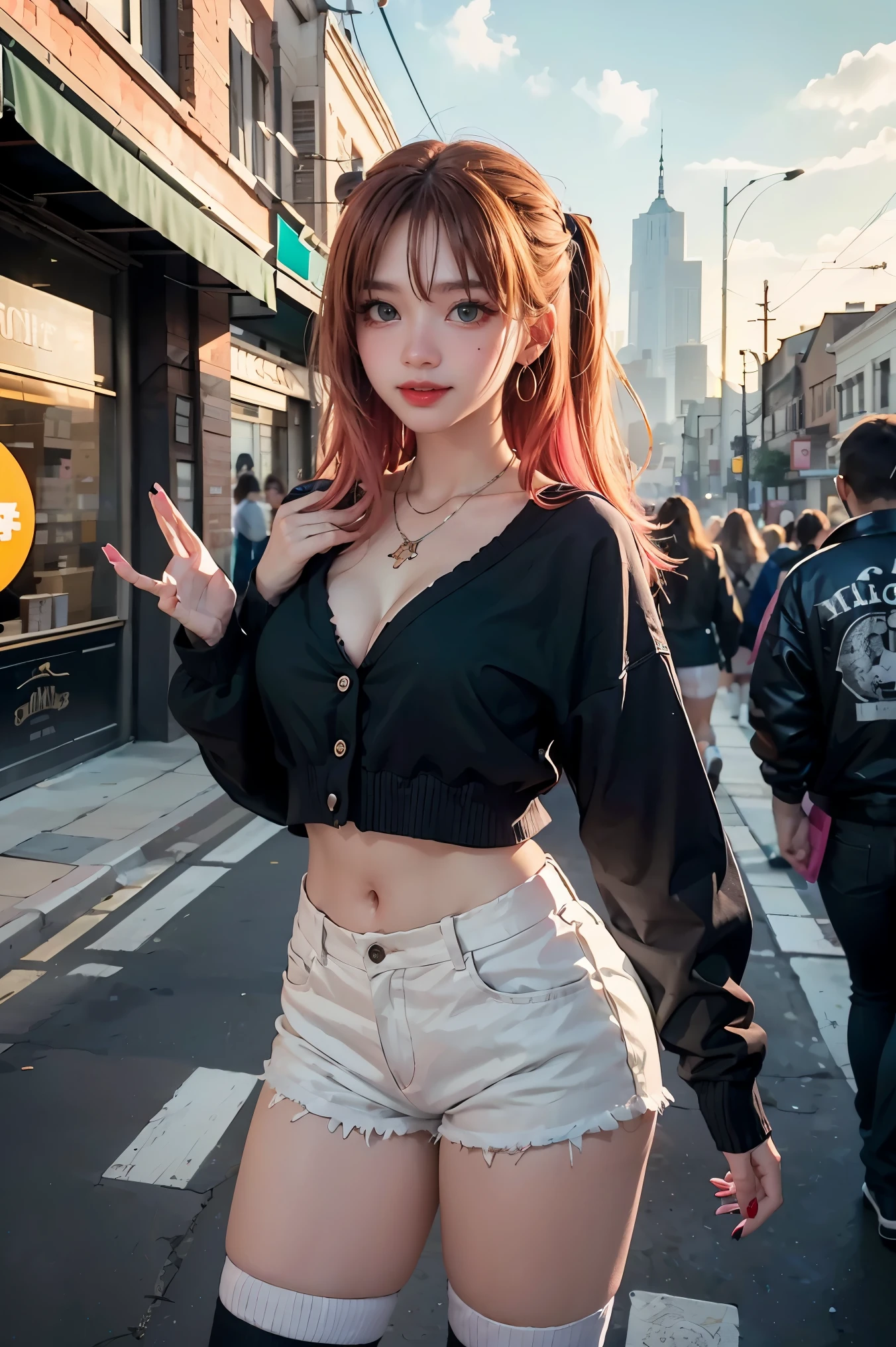 1girl, (Blue Eyes), (smiling :1.2), (Sana Minatozaki), (beautiful makeup :1.2), wide hips, Big tits, big ass, (Best Quality, 8k, Masterpiece: 1.3), Clear Focus: 1.2, Perfect Body Beauty: 1.4, strong abs, Highly detailed face and skin texture, detailed eyes, double eyelids, (blonde Straight hair), ((Ponytail Hair)), Blunt bangs, Gorgeous Accessories, (black tube top), bare shoulders, (denim skirt), in the akihabara neighborhood at night, Crowd in the city at night, buildings illuminated by signs in the background