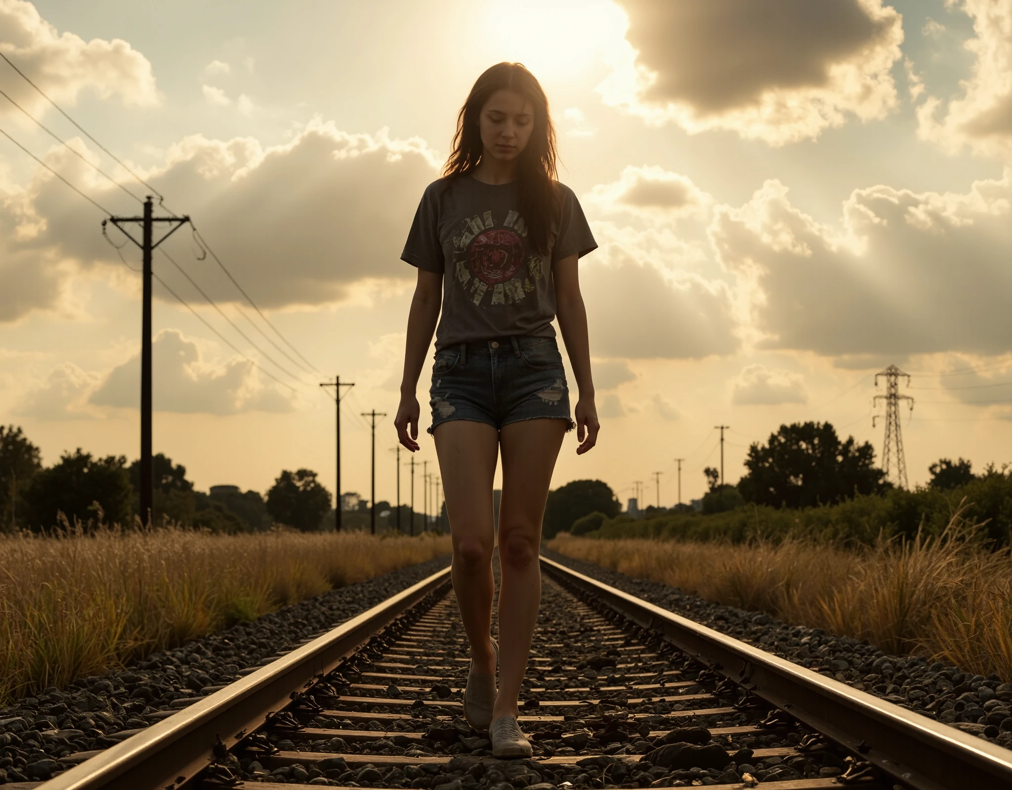 A cinematic shot of an 18-year-old girl walking along an abandoned train track, her long brown hair tousled by the summer breeze. She wears a gray t-shirt with a psychedelic print and frayed denim shorts, her gaze fixed downward as she moves thoughtfully. The track is surrounded by California vegetation—golden grass and scattered shrubs—with distant transmission towers and power lines visible through a soft depth of field. The summer sunset bathes the scene in warm, golden light, with sunbeams breaking through sparse clouds, creating a 'ray of god' effect. Airplane trails crisscross the sky, and a subtle bokeh adds cinematic depth, enhancing the atmosphere of solitude and introspection. "Bottom view".