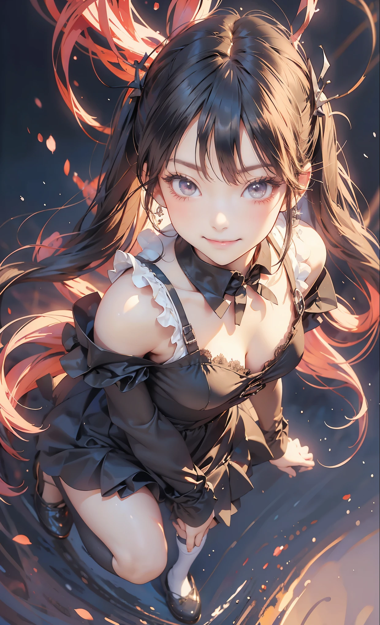 masterpiece, high quality, high resolution, 16k, Makoto Shinkai illustration, exquisite background, ite girl, black twin tails, long hair, gothic lolita, maid, fair skin, long eyelashes, beautiful eyes, over-kneehighs, full body, smile, kind smile, lovely legs, beautiful skin