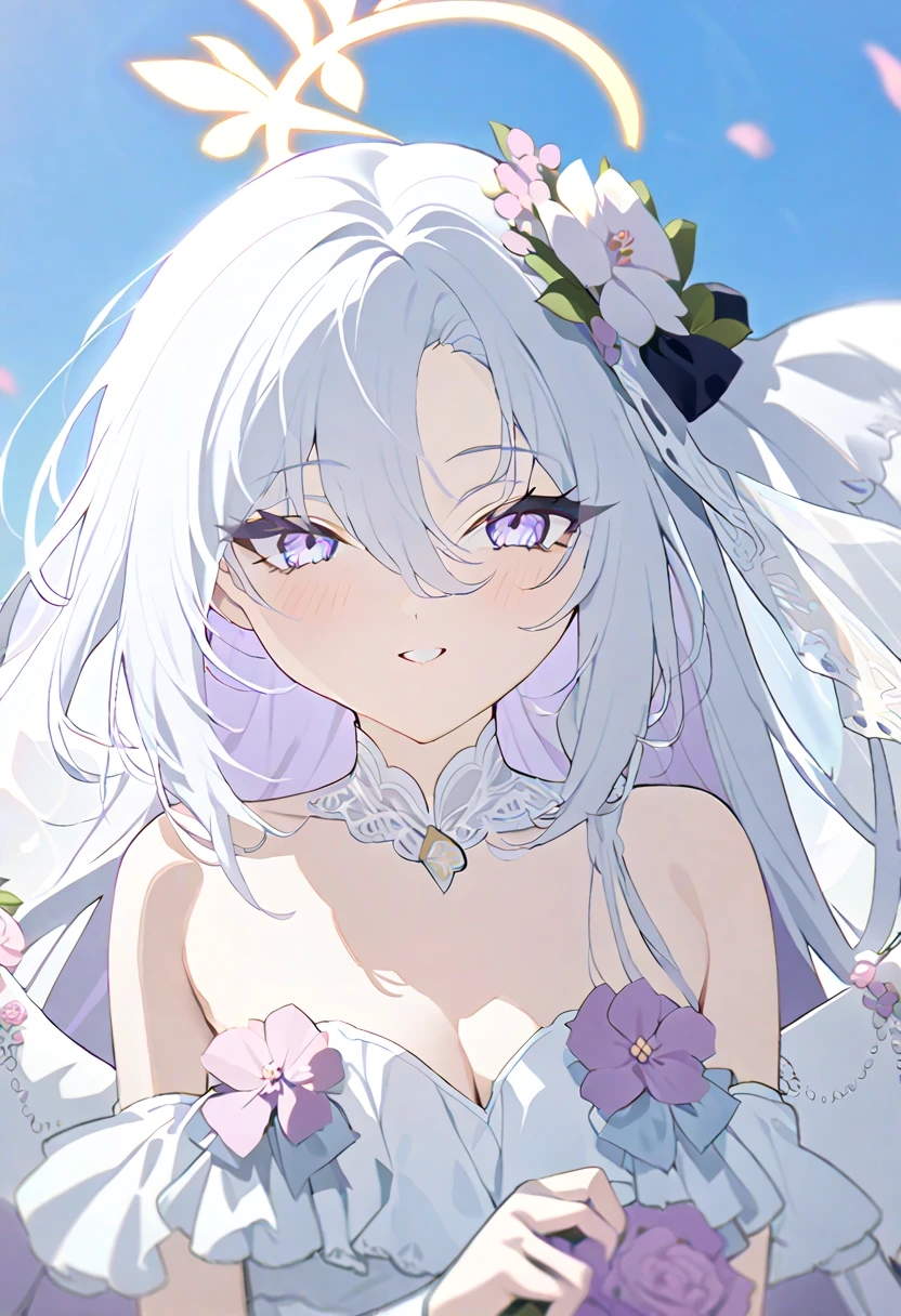 azusa \(blue archive\), 1girl alternate_costume alternate_hairstyle bare_shoulders blue_flower blush bouquet braid braided_ponytail breasts bridal_gauntlets bridal_veil bride cleavage crossed_bangs dress eyelashes flower hair_between_eyes hair_flower hair_ornament halo hand_up happy holding holding_bouquet holding_own_hair long_hair looking_at_viewer low_wings open_mouth purple_eyes rose simple_background single_braid small_breasts smile solo strapless strapless_dress tsurime upper_body veil very_long_hair wedding_dress white_background white_bridal_gauntlets white_dress white_flower white_hair white_rose white_wings wings yellow_halo masterpiece, best quality