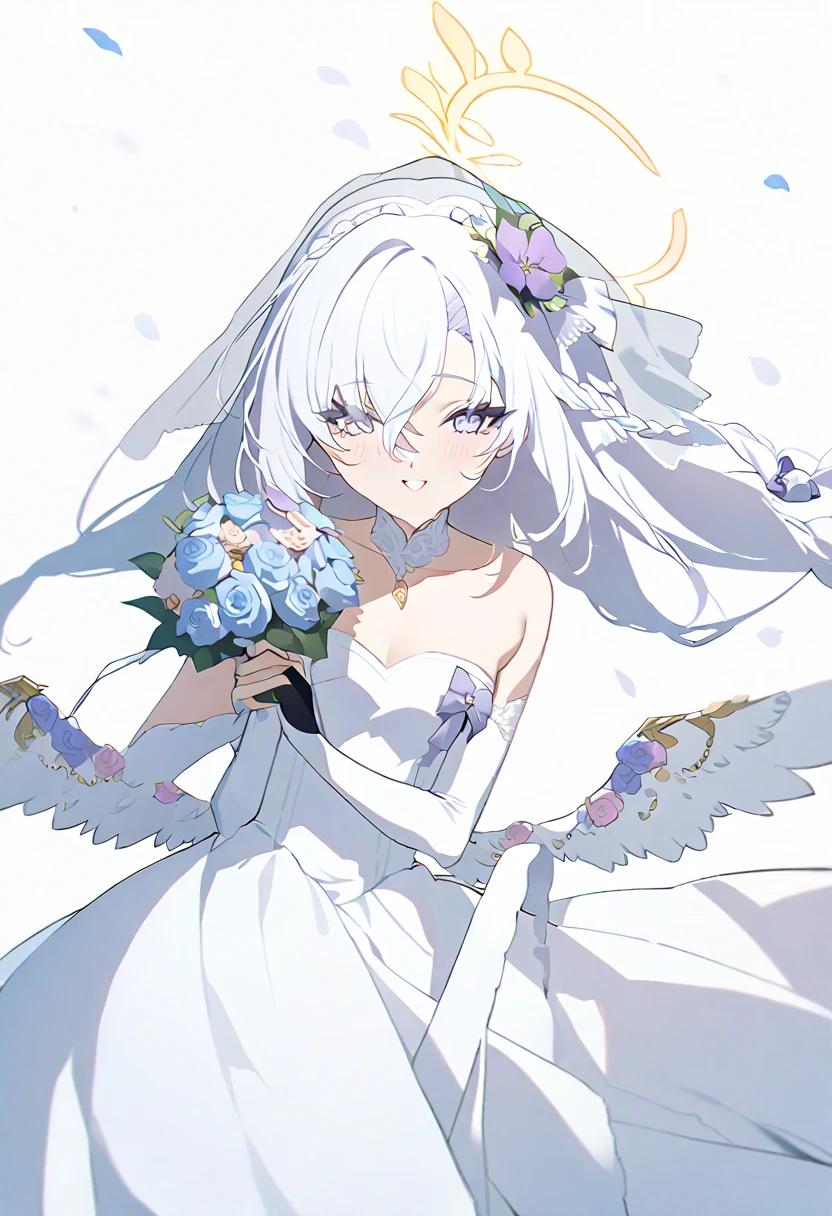 azusa \(blue archive\), 1girl alternate_costume alternate_hairstyle bare_shoulders blue_flower blush bouquet braid braided_ponytail breasts bridal_gauntlets bridal_veil bride cleavage crossed_bangs dress eyelashes flower hair_between_eyes hair_flower hair_ornament halo hand_up happy holding holding_bouquet holding_own_hair long_hair looking_at_viewer low_wings open_mouth purple_eyes rose simple_background single_braid small_breasts smile solo strapless strapless_dress tsurime upper_body veil very_long_hair wedding_dress white_background white_bridal_gauntlets white_dress white_flower white_hair white_rose white_wings wings yellow_halo masterpiece, best quality