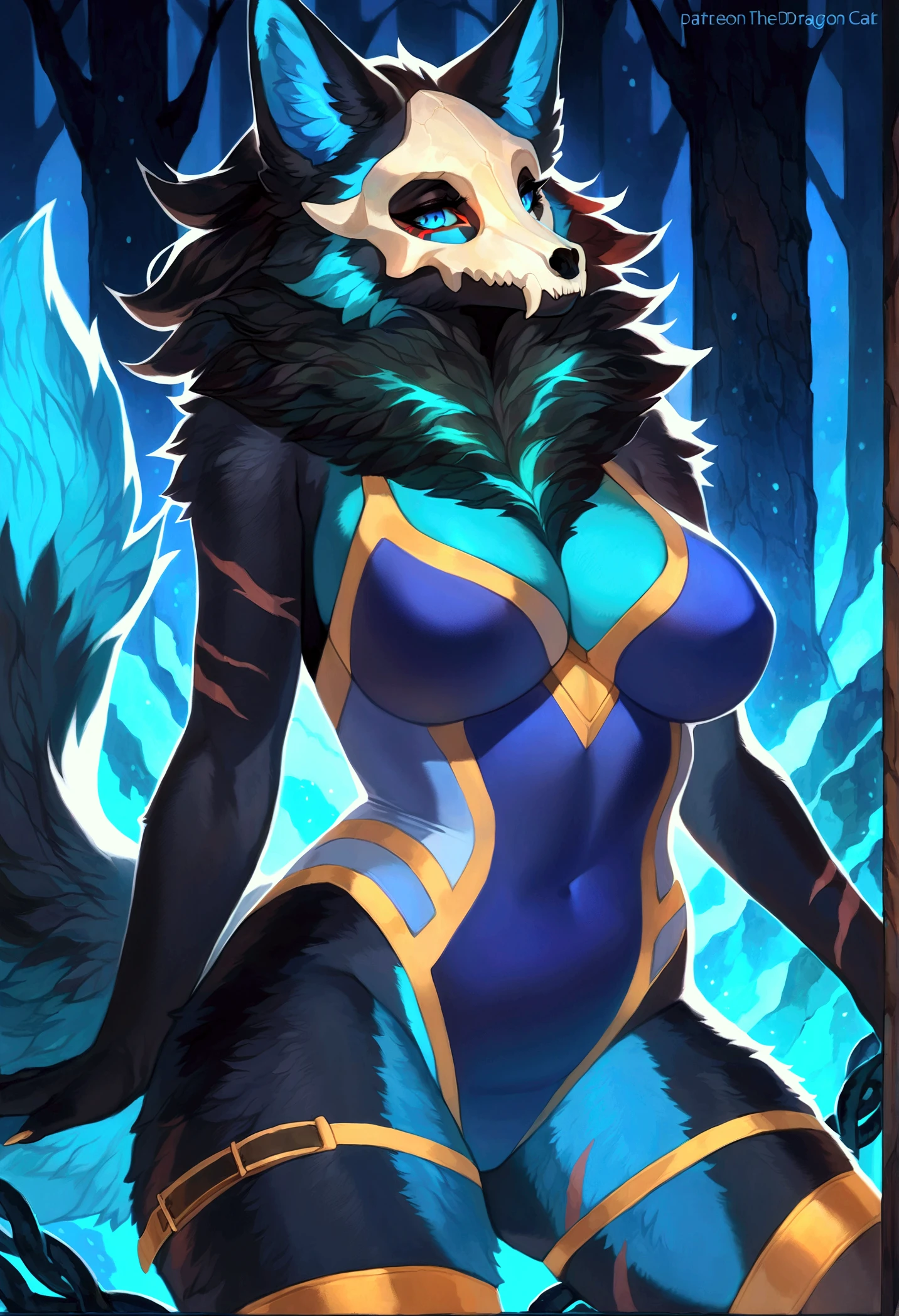 (detailed, masterpiece), smoke on background, (female furry),    detailed eyes,   lewd pose,  Character focus，Full body，solo person， Correct human anatomy。(female anthro)，Furry female wolf，(busty, big breasts), Yellow eyes，Blue skin，A pair of dragon wings, Gray hair ，[Wear white ear headphones]，couple（small）(Blue horn fluorescence)，In the forest，the night，starry sky，Sit sideways on the treetops，Take control of the magic，Ice floating all around，grey shorts，Bare toes，(head looking up，Looking at the night sky)，DOA，Young style，height of one meter seven，Handsome， There is a wolf tail，4k hd，8K，