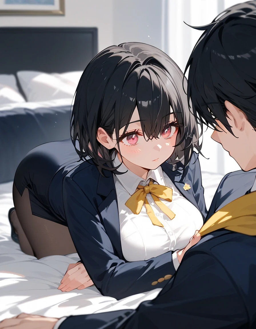 Score_9,Score_8_up,Score_7_up,highest quality, source_anime, highest quality, BREAK 1 girl, cute, 28 years old, (curvy:1.2), (medium hair:1.2), hair is between eyes, (black hair, black inner hair, light hair:1.3), large breasts, (light pink eyes), (wide eyes:0.8), (thin eyelashes), flight attendant, bedroom, dark blue blazer, dark blue pencil skirt, (light yellow ribbon:1.2), black pantyhose, close up, the girl kneeing on the floor in front of the man sitting bed