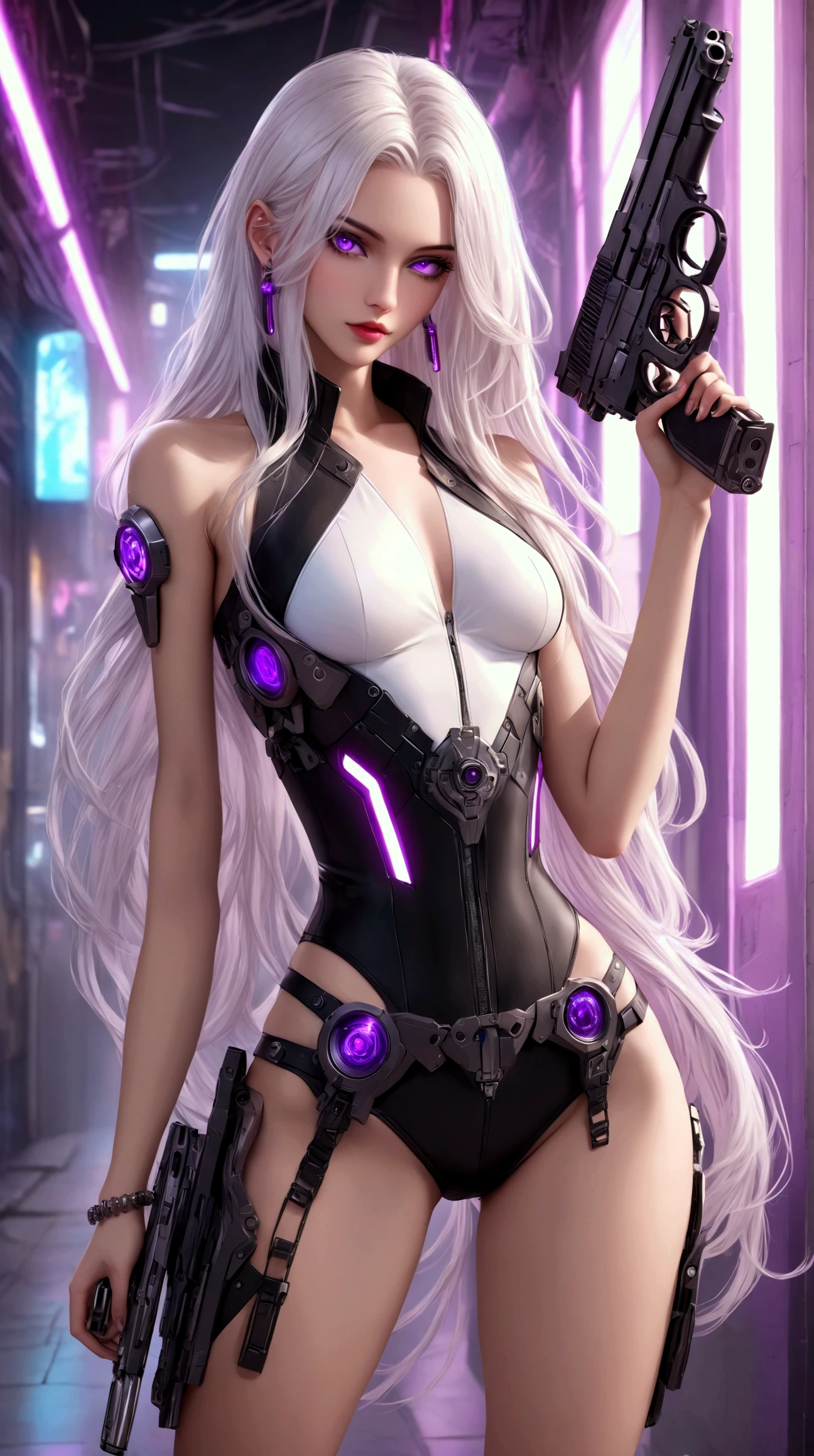 a beautiful photorealistic photograph of a cyberpunk catgirl with long white hair and swishing tail, ((Best quality)), ((masterpiece)), (detailed: 1.4), depth of field f/2.8