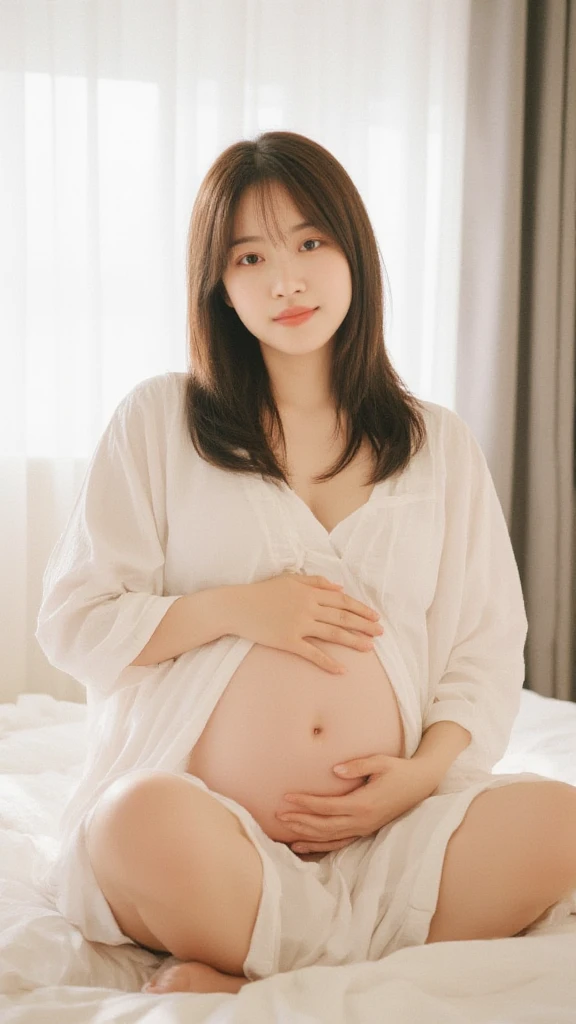 pretty korea woman big pregnant having contraction in chair