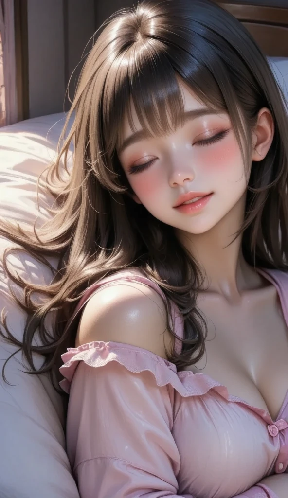 Sexy woman, eyes closed, mouth open, very deep blush, tip of the nose is red, long neck, off shoulder pink sweater, medium chest, visible cleavage, bedroom, warm lighting , lying on bed, head on pillow, facing up 