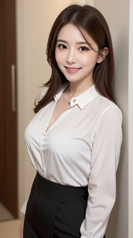 Asian woman in white shirt and black skirt sitting at desk、wearing in shirt、Wearing a blouse、white shirt、Open Shirt、japanes、Human Female、Sexy Office lady、asian human、open v chest dress、Office Clothes、goddess of Japan、in a white shirt、Graceful seductive pose on natural light background、White blouses、Big cleavage、Transcendent beauty、Tall slender beauty、Lower body ultra-thin、Extraordinary beauty