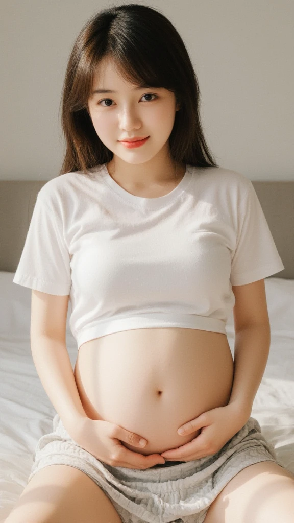 home in Tokyo, 23 year old Japanese woman, beautiful face, looking toward the camera, pregnant, big belly, smiling, white crop tank top, pink leggings, squat, maternity yoga