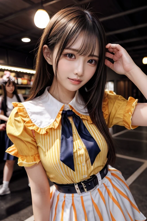 like an idol , long hair , straight hair , Round face , Bust Up , Pure Idol Girl ( shiny hair),Age 15, Striped Candy Uniform ( Fluorescent Yellow and Light Blue and Orange )、Wonder Belt、、Glamorous Ruffle Shirt 、、 good style 、Pure girl's face ,