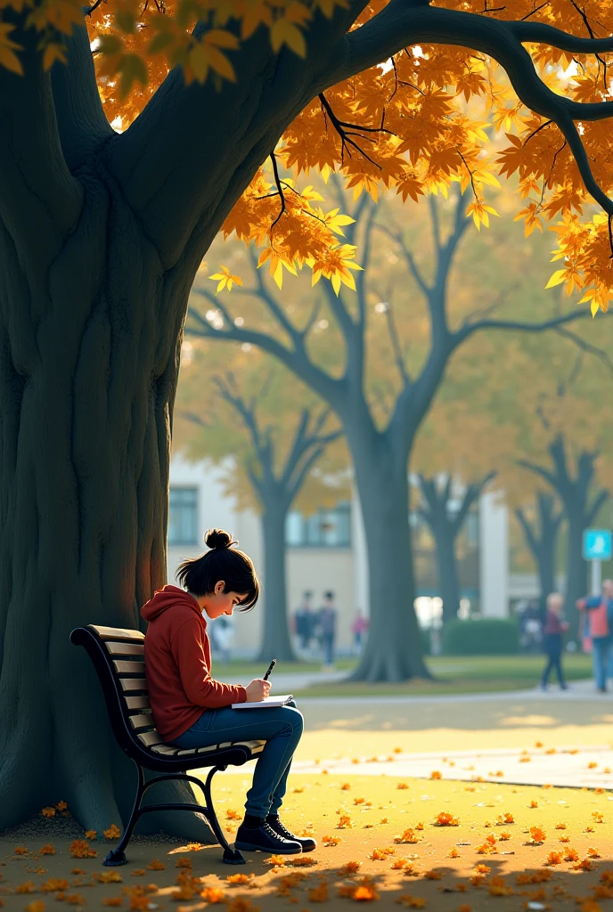 "Picture a quiet university campus in early December. The scene is bustling with activity, but at one side, there’s a subtle pause—a girl sits alone on a bench shaded by large, old tree branches. The air is cool, but the sun filters through the leaves, casting soft, golden light across the ground. The girl leans slightly forward, with her head down, focused on writing something in a notebook. Her posture is composed, but beneath it, there’s an underlying tension—like something is bothering her deeply, though she tries to hide it.
Around her, the campus continues to hum with life—students walking past, groups of friends chatting, the distant sound of laughter and hurried footsteps. But she remains detached, lost in her own world, oblivious to the movement around her. Her clothes are simple and comfortable, a mix of practicality and quiet isolation. The tree's large, spreading branches form a gentle canopy overhead, giving just enough shade to feel cozy but not suffocating. Small hints of sunlight peek through the leaves, casting soft patterns on the ground near her feet.
The background shows a glimpse of the university gate, hinting at people coming and going, but she pays no attention. Her focus is inward, a quiet moment where she tries to block everything else out. There’s a subtle sense of longing in her eyes—perhaps for something—or someone—who is no longer there. The mood is reflective, a blend of solitude and unspoken thoughts, with a hint of nostalgia hanging in the air."
