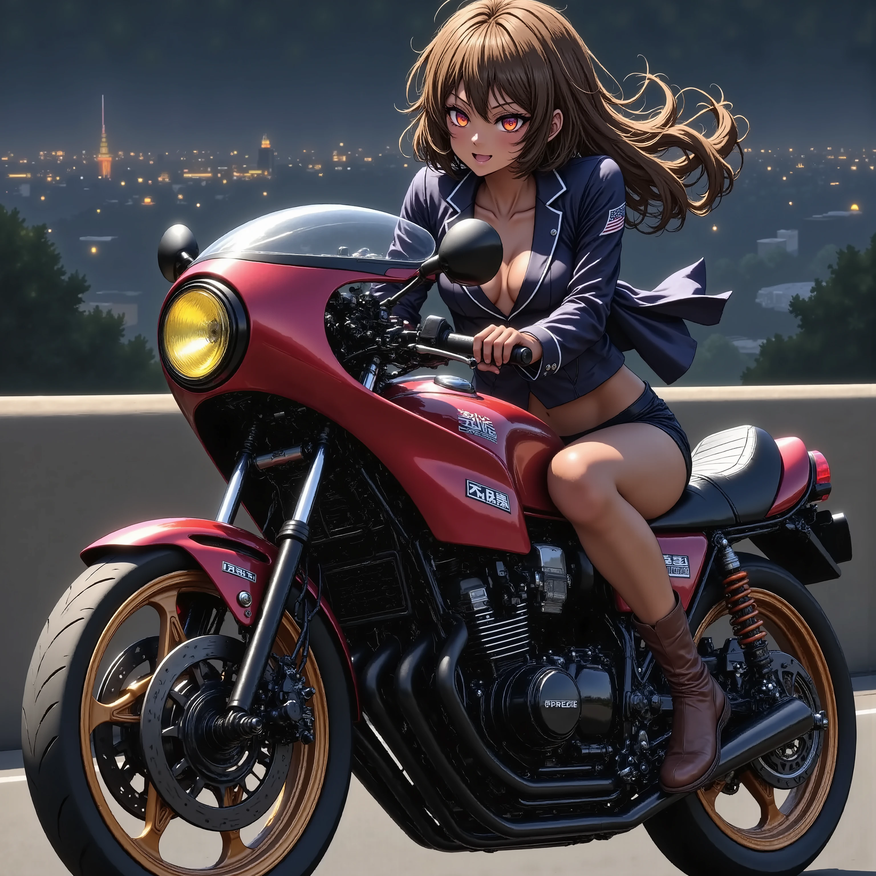 A Girl on a Motorcycle 、Mountain top、 Big City Night View、 movie light effect, Beautiful Starry Sky、 yellow headlight