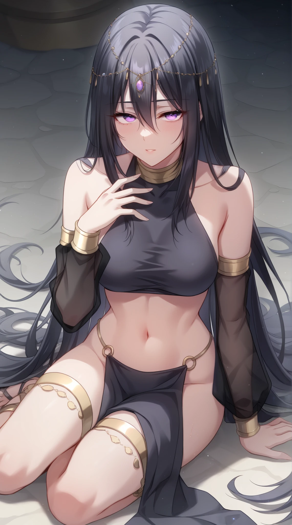 long hair, black hair, purple eyes, hair between eyes, circlet, arabian clothes, gold choker, turtleneck, covered collarbone, bare shoulders, black crop top, detached sleeves, see-through sleeves, midriff, navel, o-ring, waist cape, pelvic curtain gladiator sandals, tattered clothes, sitting