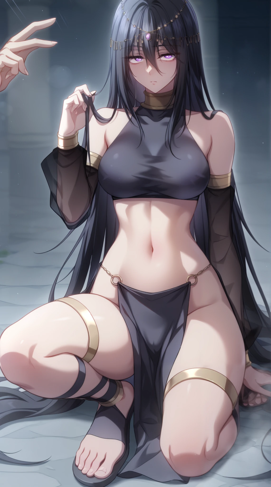 long hair, black hair, purple eyes, hair between eyes, circlet, arabian clothes, gold choker, turtleneck, covered collarbone, bare shoulders, black crop top, detached sleeves, see-through sleeves, midriff, navel, o-ring, waist cape, pelvic curtain gladiator sandals, tattered clothes, sitting