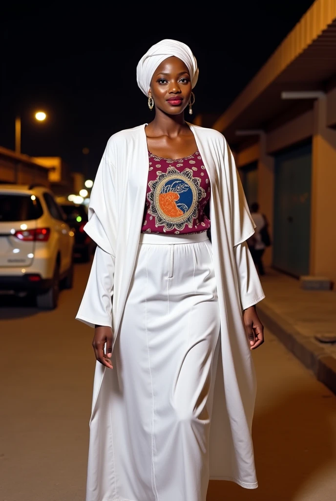 Northern Nigerian woman wearing combination of plain maxi bubu white open abaya with ankara wax design as applique with moon as inspiration for the design walking down the street at night in a northern Nigerian settings