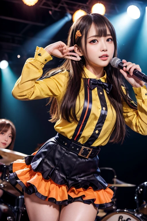 Masterpiece, best picture quality, one beautiful girl, detailed eyes, swollen eyes, brown hair, long hair, fair skin, cute, cute legs, short skirt, Japanese woman, Asian beauty, moonlight, strong eyes, professional lighting, bright lighting, double eyelids, slender, Japanese woman, Asian beauty, idol, Checked jacket, short checked skirt, ribbon type tie, smile, sweat, fresh, live stage, hair ornament, Japanese idol costume, idol audition,
