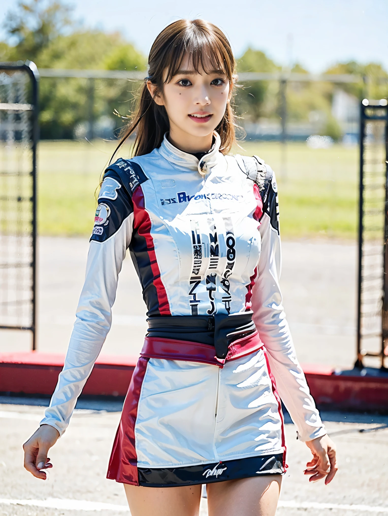 (Masterpiece, top quality , top quality , Official Art, beautiful、 beautiful:1.2), ,(RAW 写真 top quality :1.1),( one girl ), high resolution, very detailed, Ultra-Precise Performance, Alone, floating hair , growing skin , asymmetry very short, (:1.2), perfect body, slender body , smile , standing with hands on hips、 miniskirt, thighs, View Audience , ( race queen:1.8),,Nogizaka46,