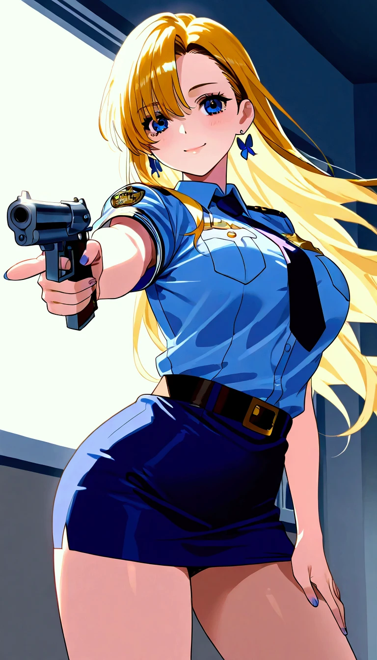 , (Spread your legs)、 (White panties), Female police officer, Blue Uniform、Mini Skirt Police、White shirt, sunny, Mature Woman, Anime Cel Style, Highest quality, High resolution, One Girl, (Large Breasts:1.2), Beautiful Face, Beautiful fingers, Beautiful long legs, Beautiful body, Beautiful Nose, Beautiful character design, blonde, bangs, blue eyes, Show Viewer, Cowboy Shot, blush、Embarrassed look、Nipples are visible、 、