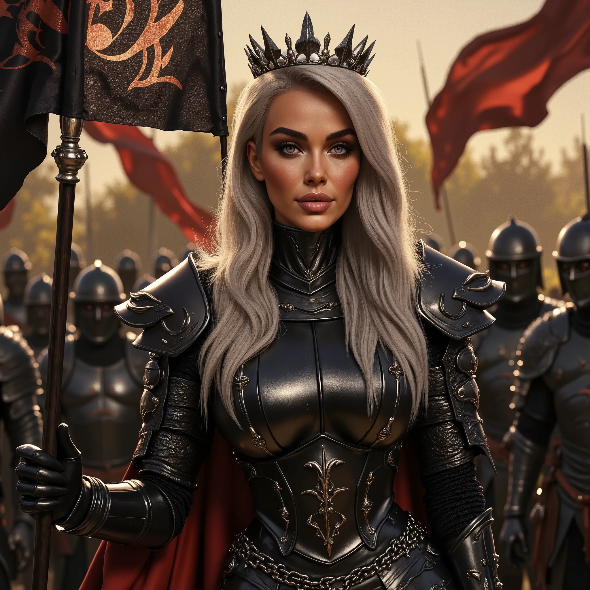 A Targaryen woman in black armor, with platinum silver hair and a crown on her head, light purple eyes, holds a Targaryen flag and stands in front of an army behind her, back lit glow, sunset, highlight glow