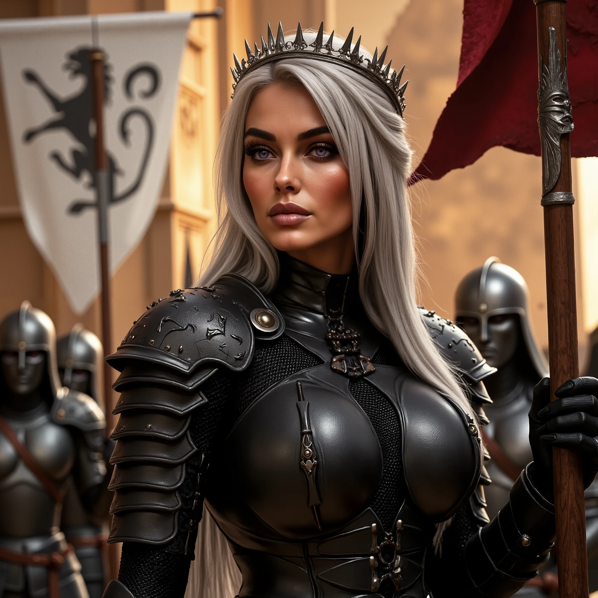 A Targaryen woman in black armor, with platinum silver hair and a crown on her head, light purple eyes, holds a Targaryen flag and stands in front of an army behind her, back lit glow, sunset, highlight glow