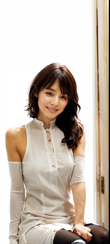 (((Masterpiece:1.4,   best quality  :1.4, 8k,    super high resolution ,   Physically Based Rendering))),    sharp concentration,     Full Body Portrait,     full body shot from the front   , Flat Lightning  ,    Very Pretty and Attractive Woman  ,    VERY CUTE JAPANESE WOMAN   ,   perfect body:1.1, 24 years old, Alone, big, Clear eyes , Detailed thin eyebrows, Highlights in the eyes, (( Light Brown Extra Long Low Back Hair , Hair behind the ear, bangs)),   highly detailed face and skin textures,   slender beauty  :1.4, (( Clear White Body-Fit Dress , Sleeveless)), (( Large size:1.55))), Small areola,   slim abs,   thin waist, ( Detailed Beautiful Vagina Exposure  , pubic hair:1.4), (  long and thin legs ), (  Transparent Knee-length Black Stockings  :1.4),   light makeup, Distinctive facial features, (smile:1.3),   is staring at the viewer, ((    simple white background  )),