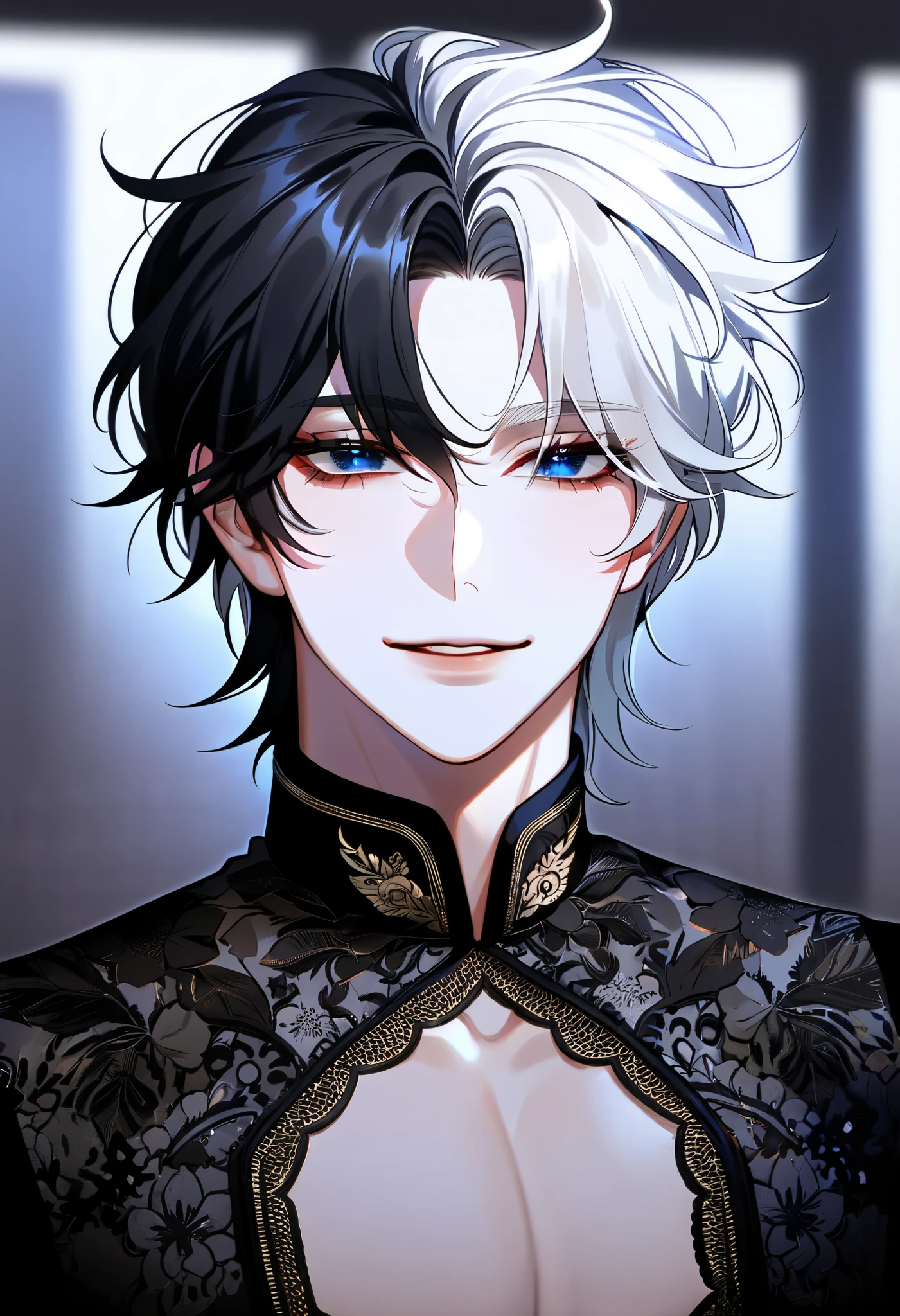 absurdres, highres, ultra detailed, HDR, master piece, best quality, extremely detailed face, delicated features, Jaehwan, White hair, messy hair, short hair, no fringe, without bangs, expressive blue eyes, Thin eyes, Korean, The World After The Fall, solo, sexy boy, handsome, sensual, adult face, smirking, black Gothic fashion, KPOP, cold, aristocratic room, Transparent, black, Boyfriend
