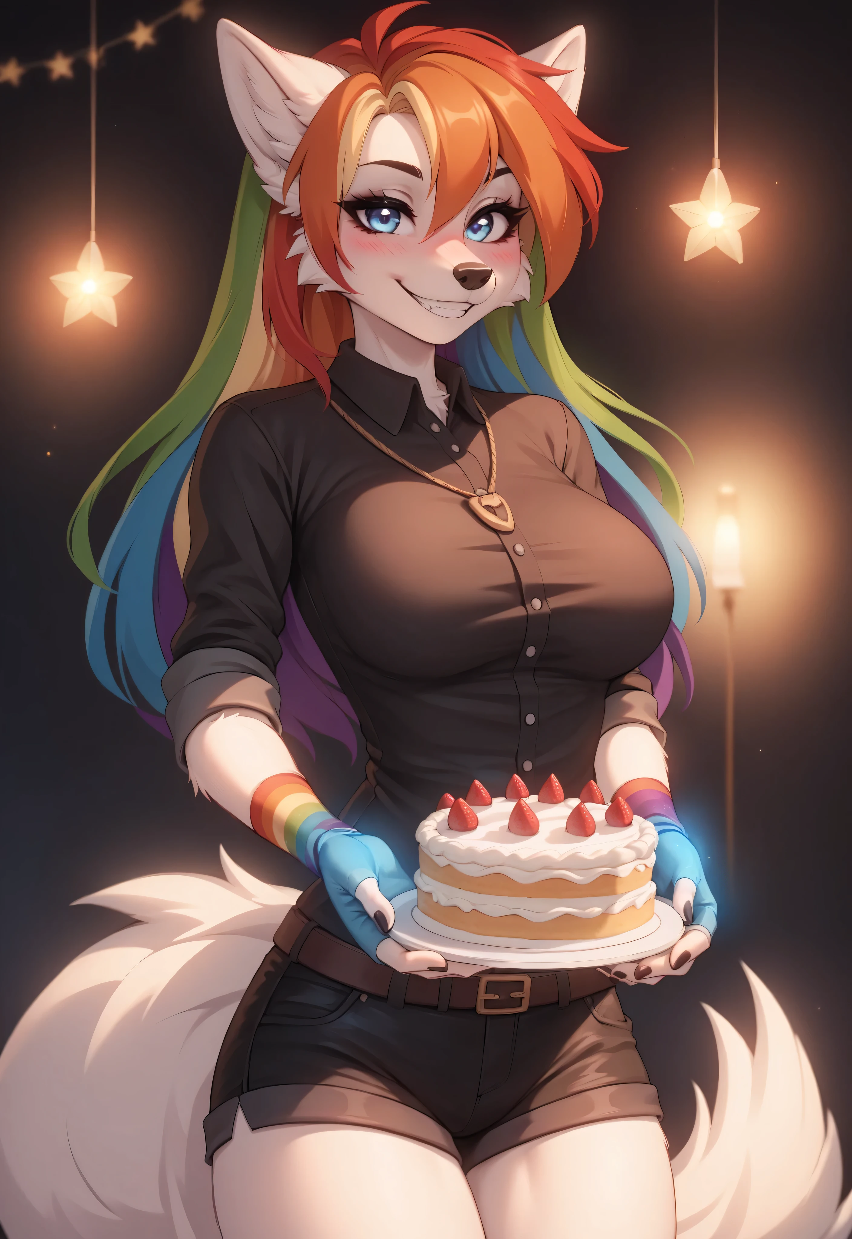 (4K HD Quality), score_9_up, score_8_up, score_6_up, anthro, solo, 1girl, furry, white fox, white body, white fur, rainbow hair color, long thick hair, blue eyes, fox tail, medium large breasts,
(glowing gloves), (rainbow sleeves gloves), (fingerless gloves),
blush, perfect smile teeth, looking at view,
black background, cake, birthday cake, black shirt, black shorts, holding cake,
