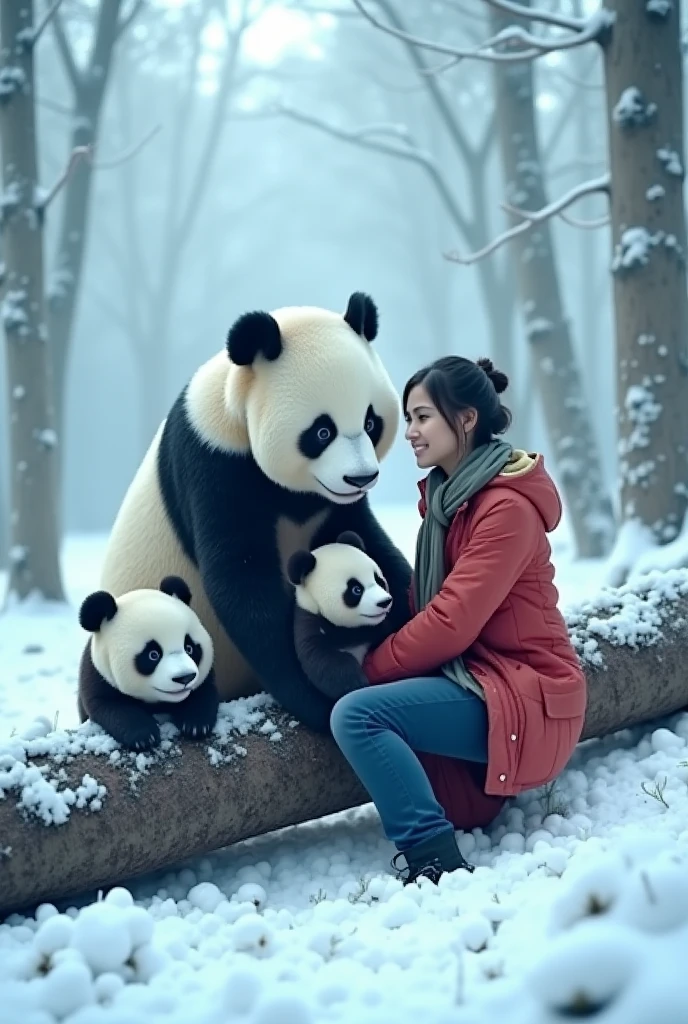female students and the panda are falling asleep in the forest, sharp focus, 8k, perfect composition, trending on art station, award-winning photograph, cinematic smooth, intricate detail, highly detailed, from below, splash, fractal art, god ray, rainbow, snow,