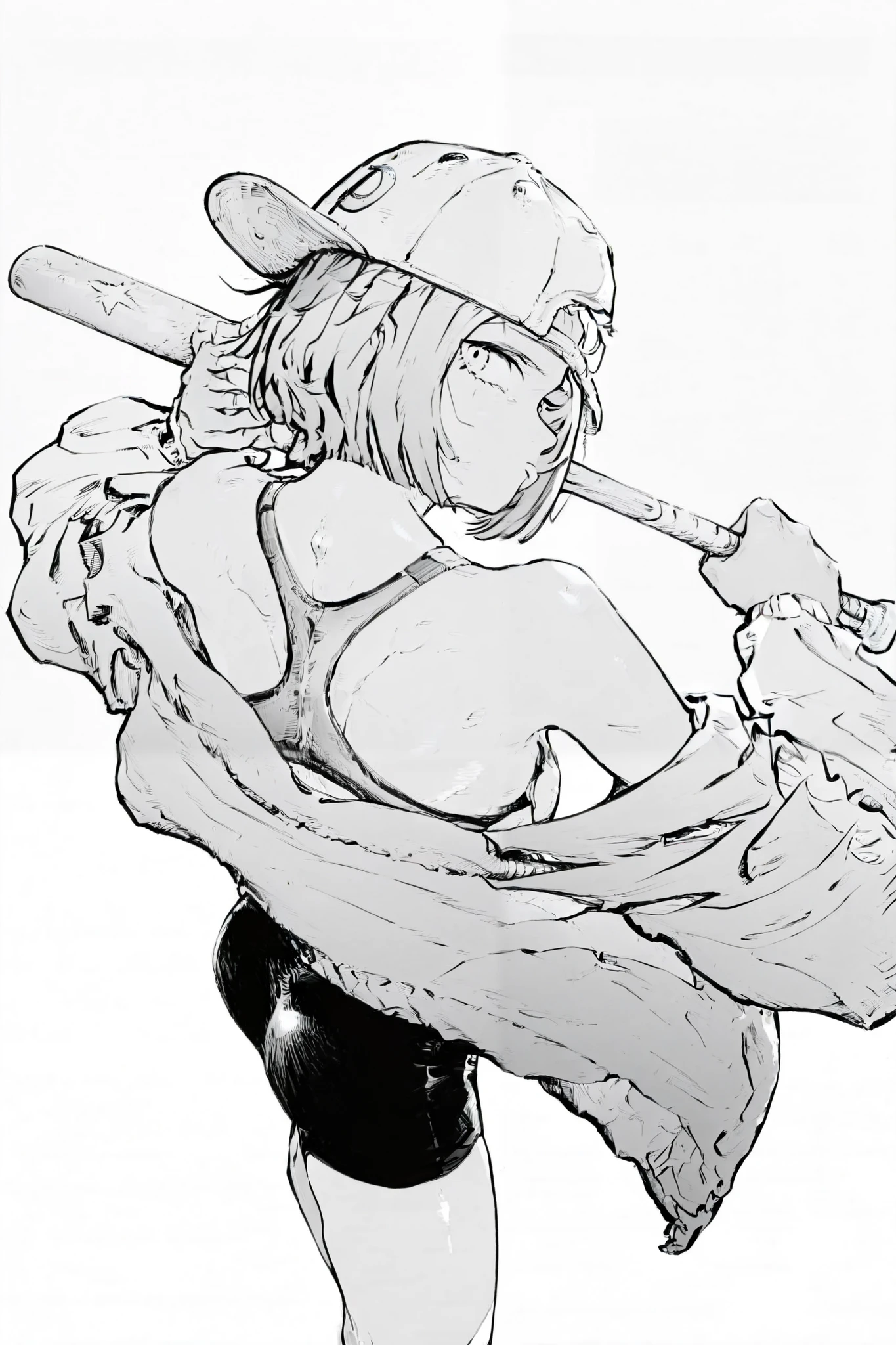score_9, score_8_up, score_7_up, score_6_up, score_5_up, score_4_up,
BREAK
(masterpiece: 1.0), best quality, perfect anatomy, perfect composition, perfection, UHD, 8k,
BREAK
monochrome, greyscale, masterpiece, best quality, amazing quality, very aesthetic, high resolution, high detail, Smooth, sharp lines, kdmstyle
BREAK
{best quality},{highly detailed},{ultra-detailed},masterpiece,1girl, solo, masterpiece, best quality, amazing quality, absurdres, newest, white background, monochrome, hatching \(texture\), 1girl, solo, from above, back focus, back view, looking back, open jacket, off-shoulder jacket, sports bra, bike shorts, baseball cap, baseball bat, over shoulder, holding,