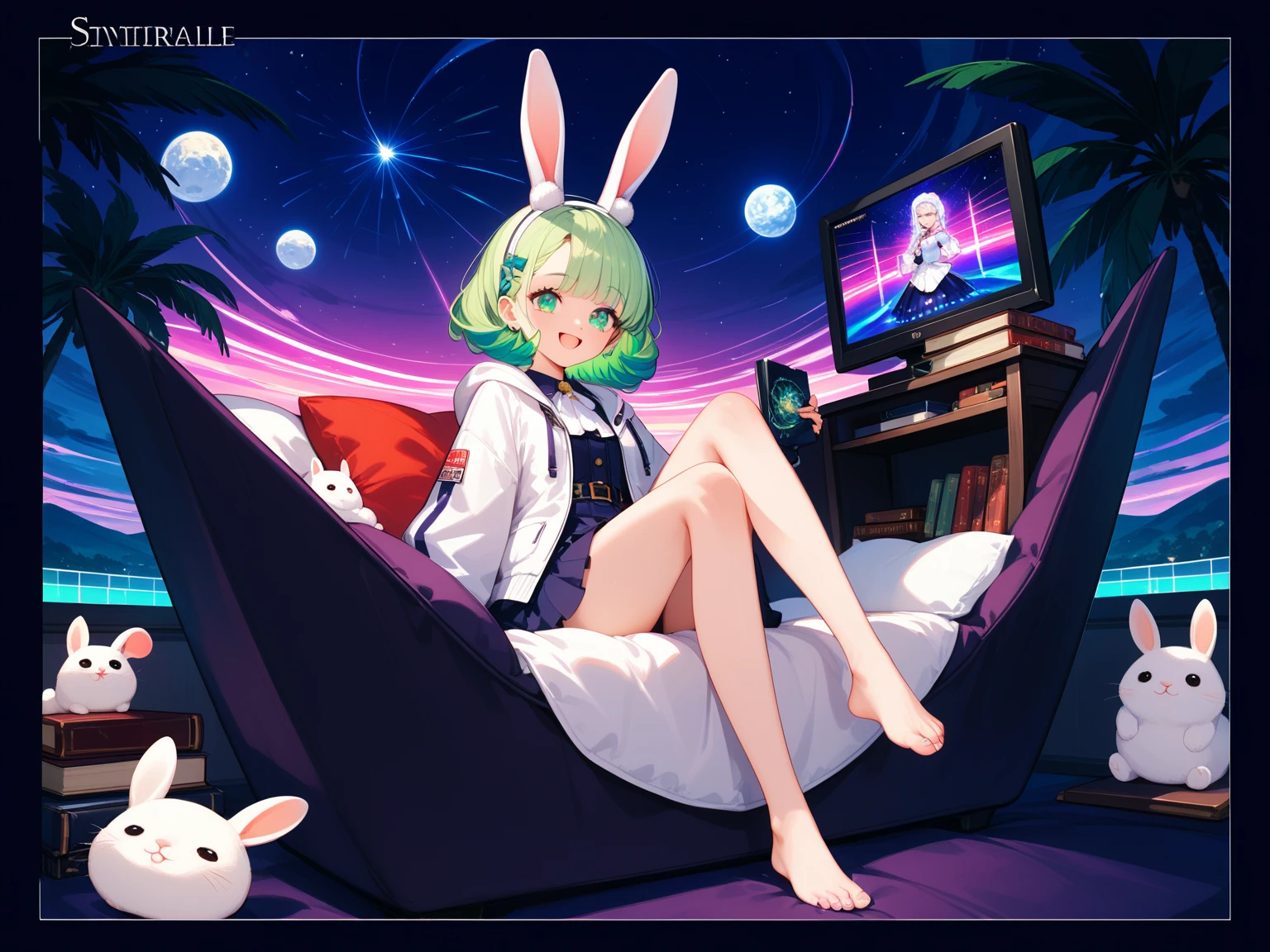 Chica de anime acostada sobre una almohada blanca y esponjosa con auriculares puestos, amigo, Mikudayao, Hatsune Miku, ventana, noche estrellada