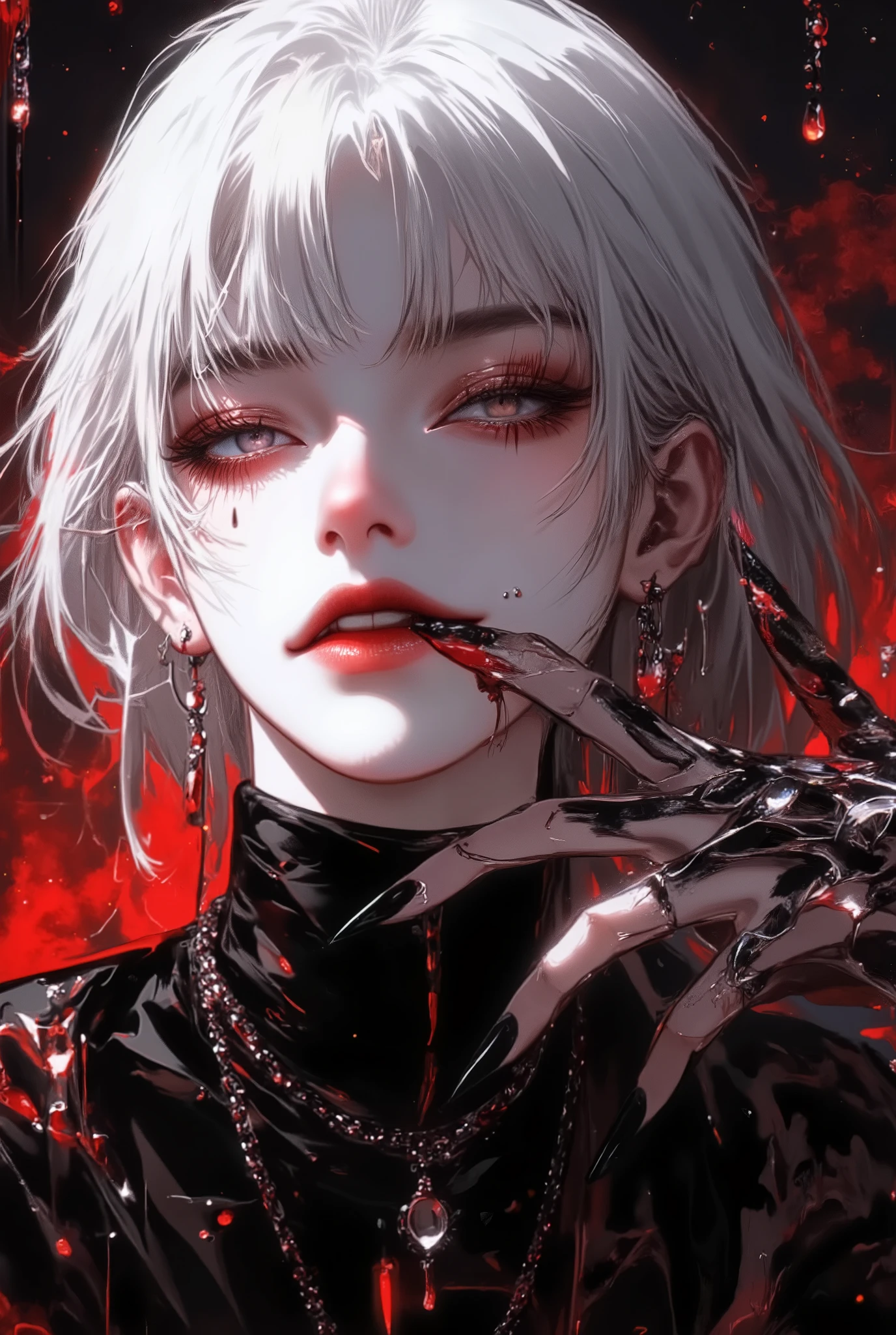 Vampire, absurdres, highres, ultra detailed, HDR, master piece, best quality, extremely detailed face, delicated features, Jaehwan , White hair, very short hair, no fringe, without bangs, handsome hair, cool eyes, The World After The Fall, Alone, Sensual, Young face, black and red Vampire style, cold, Transparent, black, Boyfriend, Pierce, earring, Vampire boy, Draw a large background, anime, Vampire model, fang, Scary Halloween background, Draw a large background, 4K, High image quality, Vampire pose, Blood dripping from the mouth, Vampire makeup, Upper body photography