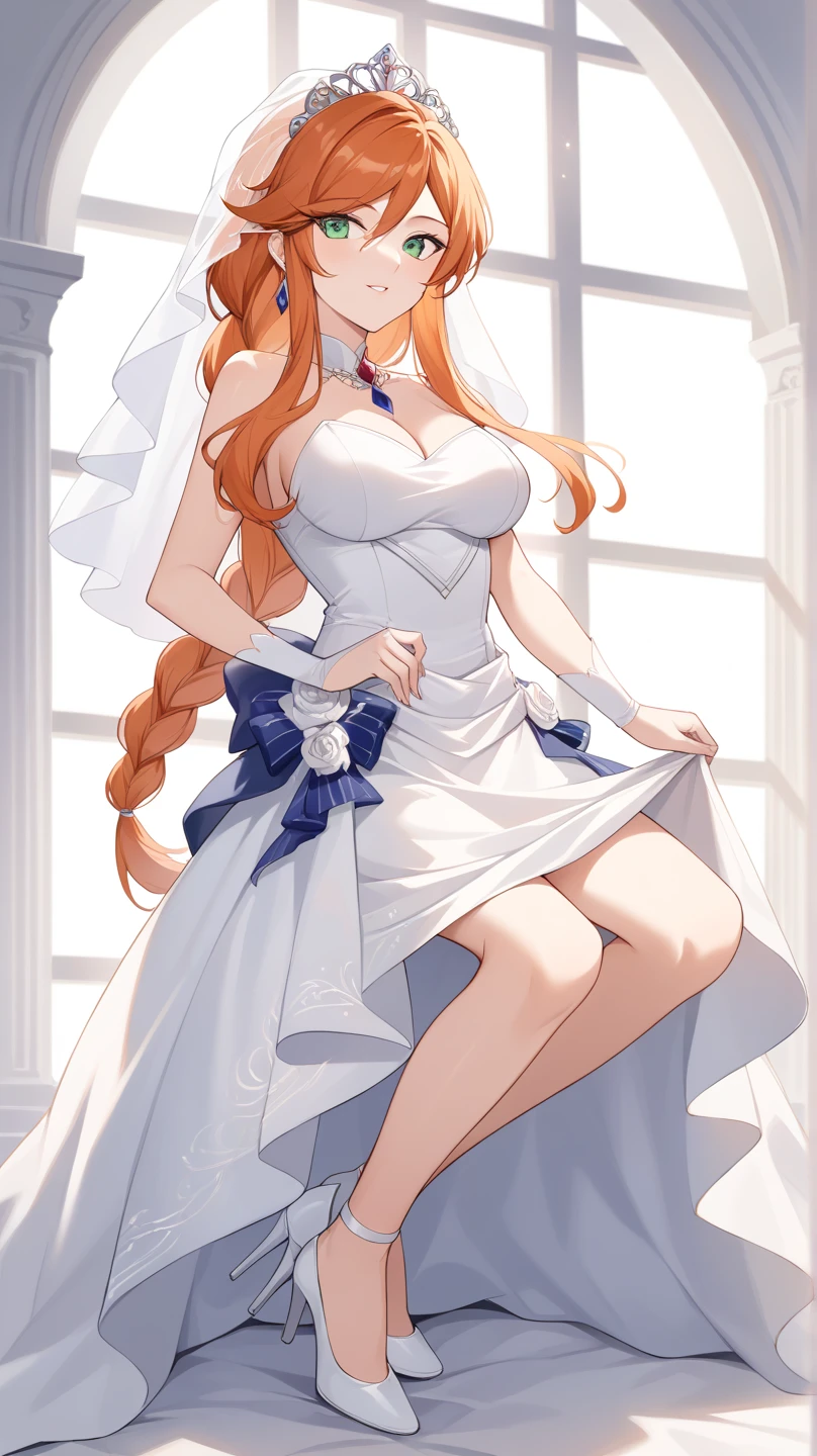 score_9, score_8_up, score_7_up, source_anime, FlammeFrieren, orange hair, green eyes, long hair, braided ponytail, A glamorous bride, adorned in lavish wedding finery, her renowned beauty illuminating her matured 50 years, showcases her strikingly ample bosom, overflowing from the lavish nuptial garment, in this full-body shot set against a backdrop of opulence, her captivating visage enhanced by the towering high heels, 8K, ultra clear, dramatic lighting