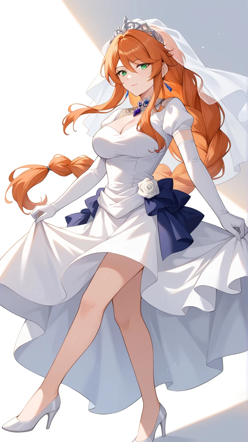 score_9, score_8_up, score_7_up, source_anime, FlammeFrieren, orange hair, green eyes, long hair, braided ponytail, A glamorous bride, adorned in lavish wedding finery, her renowned beauty illuminating her matured 50 years, showcases her strikingly ample bosom, overflowing from the lavish nuptial garment, in this full-body shot set against a backdrop of opulence, her captivating visage enhanced by the towering high heels, 8K, ultra clear, dramatic lighting