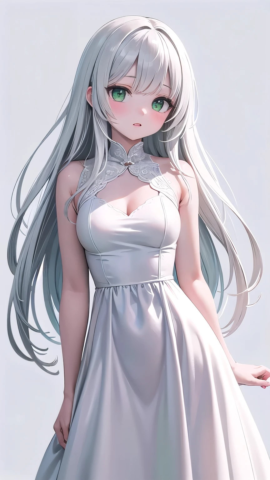 Best Quality,High resolution,8k,(plain white background, no patterns, no textures, just a plain white background:1.3),Masterpiece:1.2),beautiful girl,(focus face),Glossy romance gray hair,messy hair,Beautiful grey eyes,Cute Chinese dress,Gentle look,A refreshing look,smile,Best quality,Best Quality,Aesthetic and aesthetic:1.2,Best details((Super detailed))(High-definition CG illustrations),Slender body,smile,blush,cute,Scrounge,Looking up,Being spoiled,super model