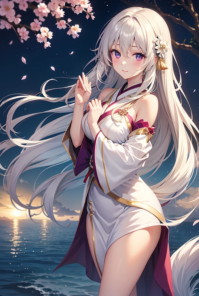 Anime style, tall, skinny  ,   Violet Evergarden style   (masterpiece), super beautiful, shiny long straight hair (high quality), (beautifully detailed face), (beautifully detailed eyes)), (beautiful and beautiful hands), (high definition CG)), ((8k_wallpaper)), breathtakingly beautiful. Long flowing black hair gracefully flows down her back, wrapped in a soft and otherworldly glow - embodying the essence of heavenly grace and elusive charm. I think I have created a fantastic image that brings out the beauty and mysterious charm of Princess Kaguya. One girl, purple eyes, lens flare, high resolution, multiple awards, high quality model, high quality In the background, a fantastic sun and full moon line up, and a beautiful woman with her hands together in prayer. In the background, a fantastic sun and full moon line up, and a beautiful woman has a fantastic and spectacular sun and full moon overlapping and floating in the background 以下のプロンプトを提案します：

Prompt:
A beautiful anime-style young woman wearing an elegant kimono with an off-white base, featuring intricate, subtle patterns. The kimono exudes a refined and captivating aura, with a striking accessory: a luxurious, fluffy collar resembling a silver fox’s tail, adding both elegance and a mystical charm. The character has an air of sophistication and allure, her delicate features and piercing eyes drawing the viewer in. Her long, flowing hair complements her graceful posture as she stands against a soft, twilight background with falling cherry blossoms, enhancing her ethereal presence.

