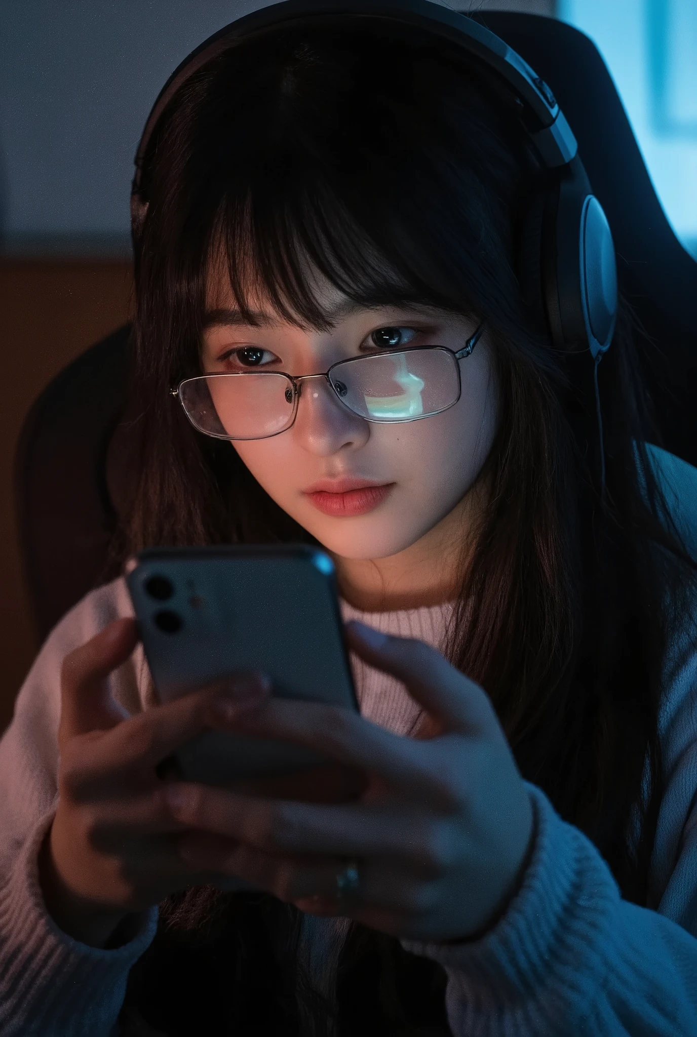 1 girl , 30 years old , gamer , mobile gaming, playing games on smartphone , iphone , headphone gaming , gaming chair , selfie , ultra realistic , glasses , low light