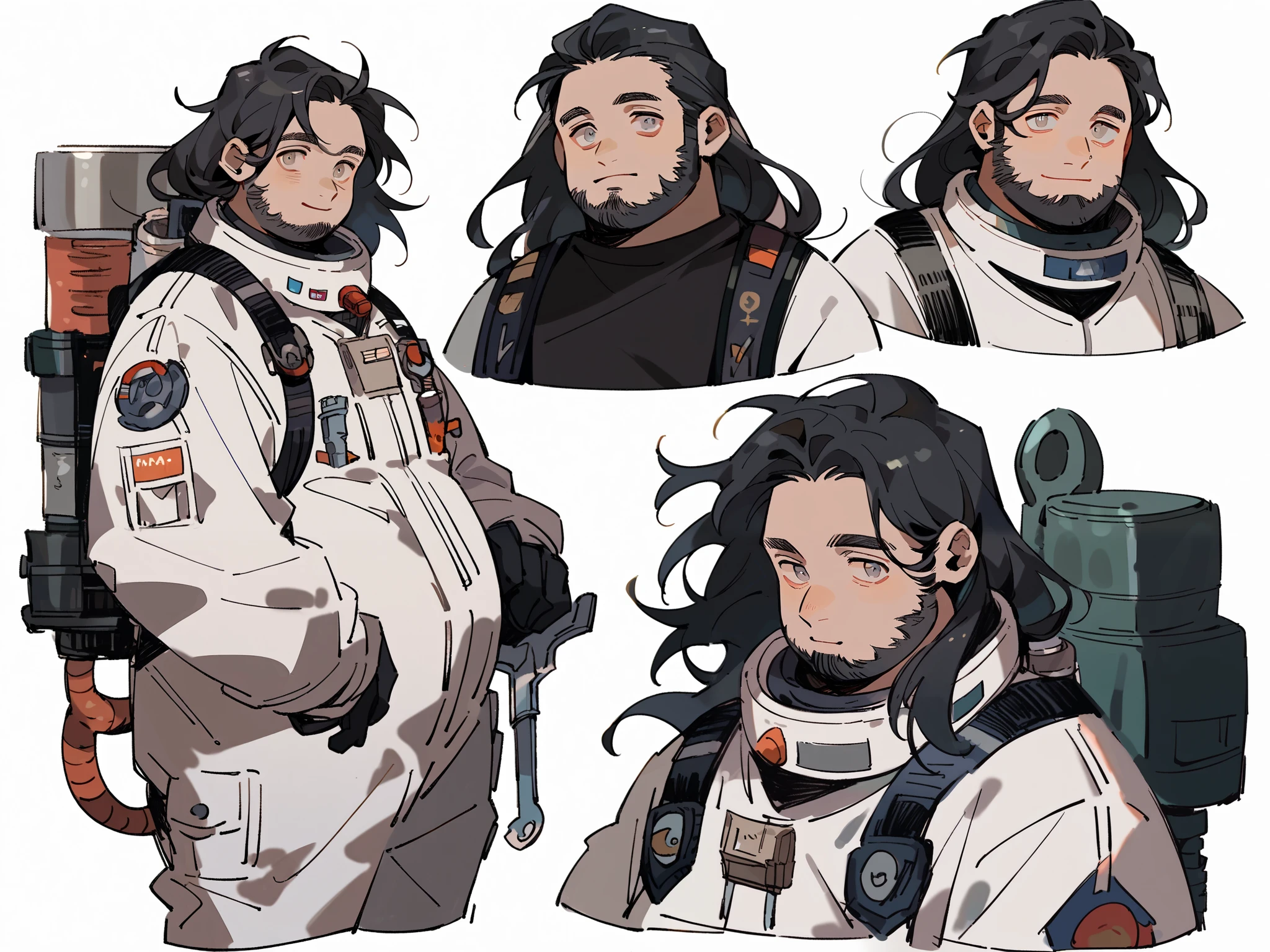 score_9, score_8_up, score_7_up, score_6_up, cut3ch4r, 1boy, multiple views, long hair, white background, black hair, black facial hair, dark beard, plump, grey eyes, wrench, astronaut, dark brown eyes, happy