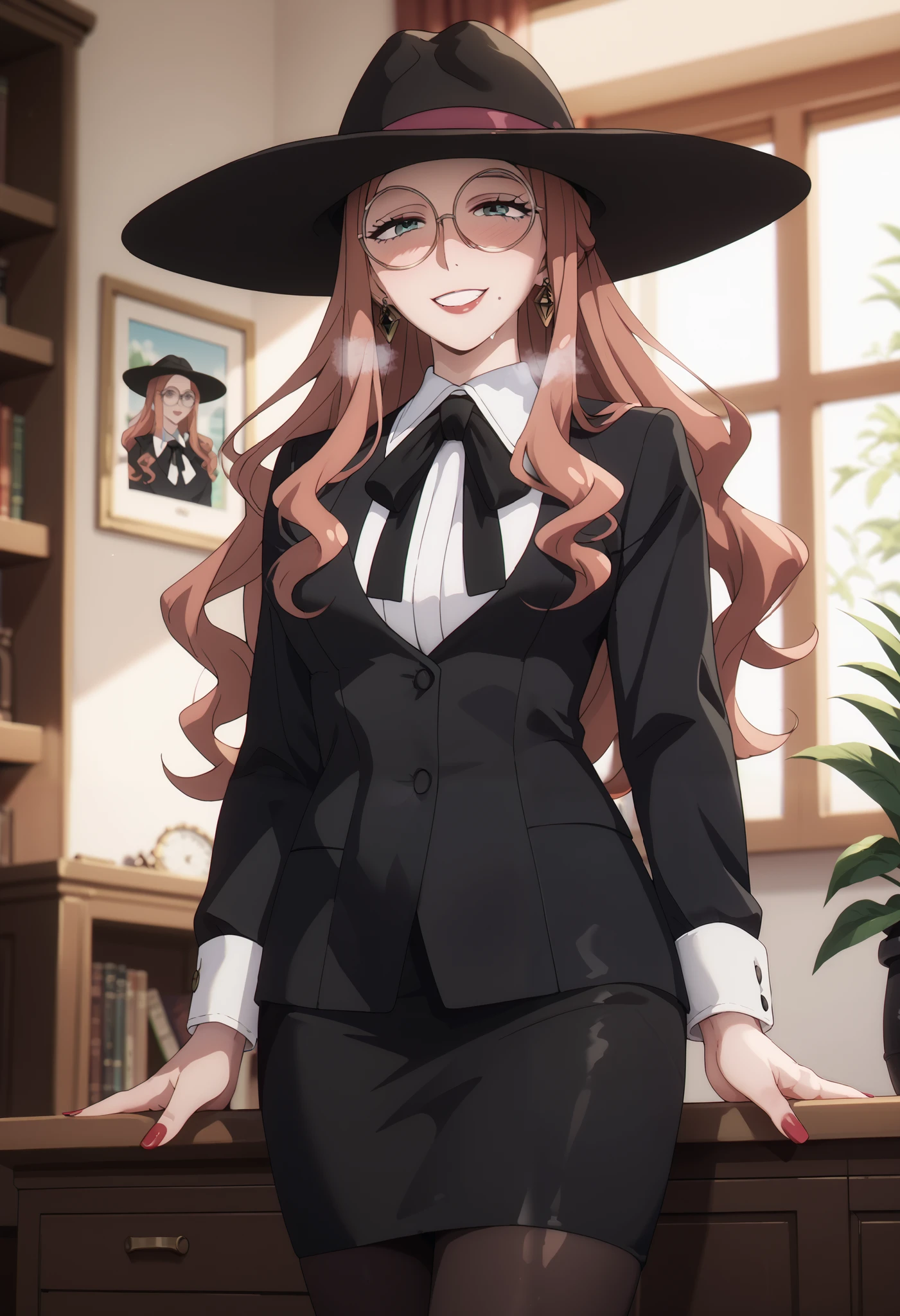 Spy Family, Sylvia Sherwood , Round Glasses, ( best quality , masterpiece, 8K quality,), Rating Explicit, One girl, heterosexual lover,smile, rough breathing, high resolution, very aesthetic, sex, well-prepared face, beautiful body, orange hair, long hair,hat, black tights,Black clothing,heel,room, standing,