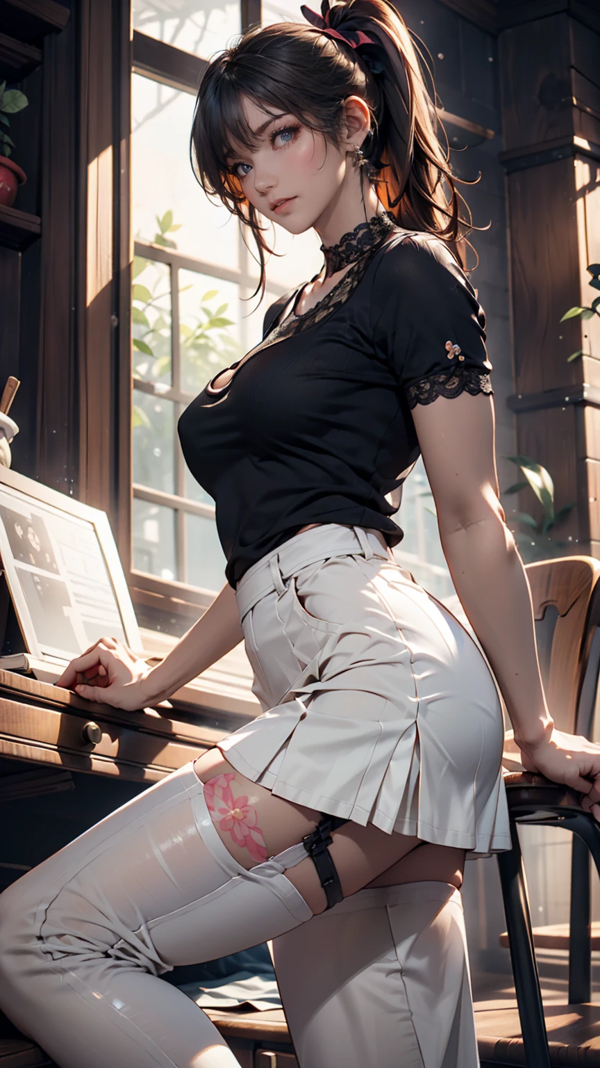 a mature woman in white shirt and grey tights on a very pale couch, 1girl, skirt, solo, black hair, breasts, long hair, socks, thighs, plaid skirt, sitting, sharp focus, perfect hands, perfect face, perfect eyes, perfect light, dynamic light, natural light, masterpiece, best quality, very aesthetic, absurdres, newest, ai-generated, intricate
