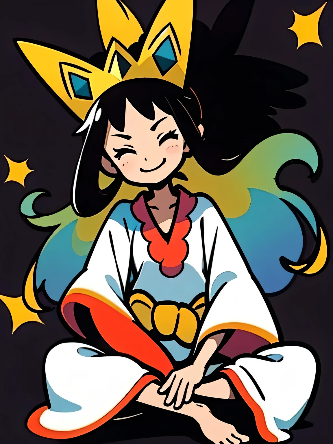 frontview,,cute face:1.3,  Iris, 1girl, solo,closed eyes smile, dress, tiara, wide sleeves, standing, very long hair, bow, low-tied long hair, waist bow, collarbone, shirt, closed mouth, smile, fullbody,(sitting indian style), white simple background,murakami takashi:1.3,kaleidoscope,outline,(illustration),
